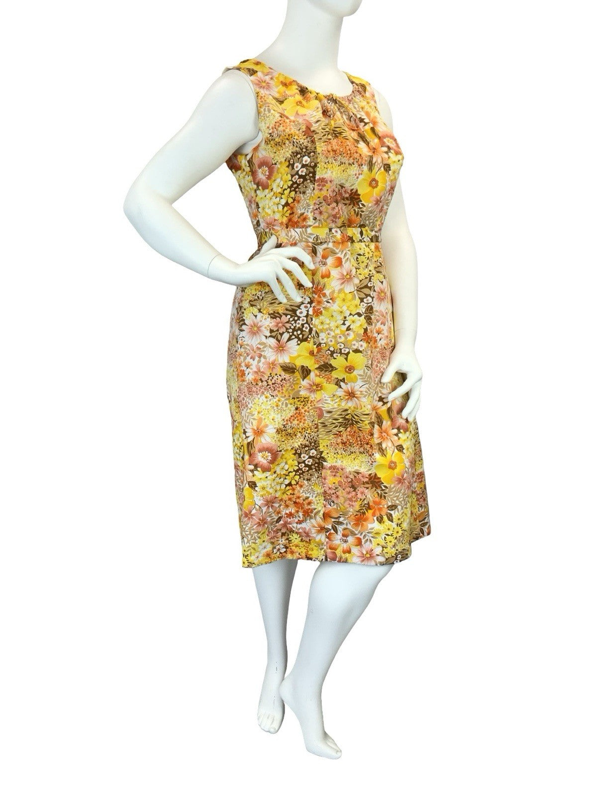VTG 60S 70S YELLOW ORANGE BROWN RETRO FLORAL TIE WAIST MOD MIDI DRESS 14