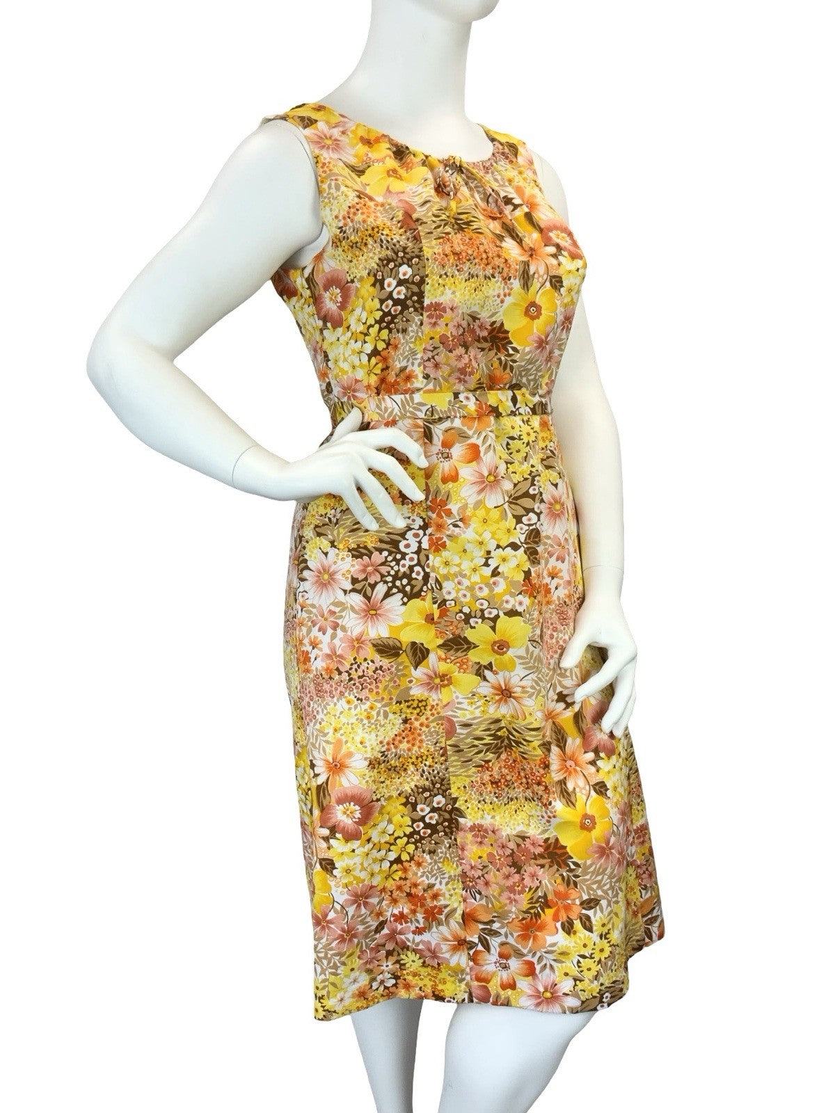 VTG 60S 70S YELLOW ORANGE BROWN RETRO FLORAL TIE WAIST MOD MIDI DRESS 14