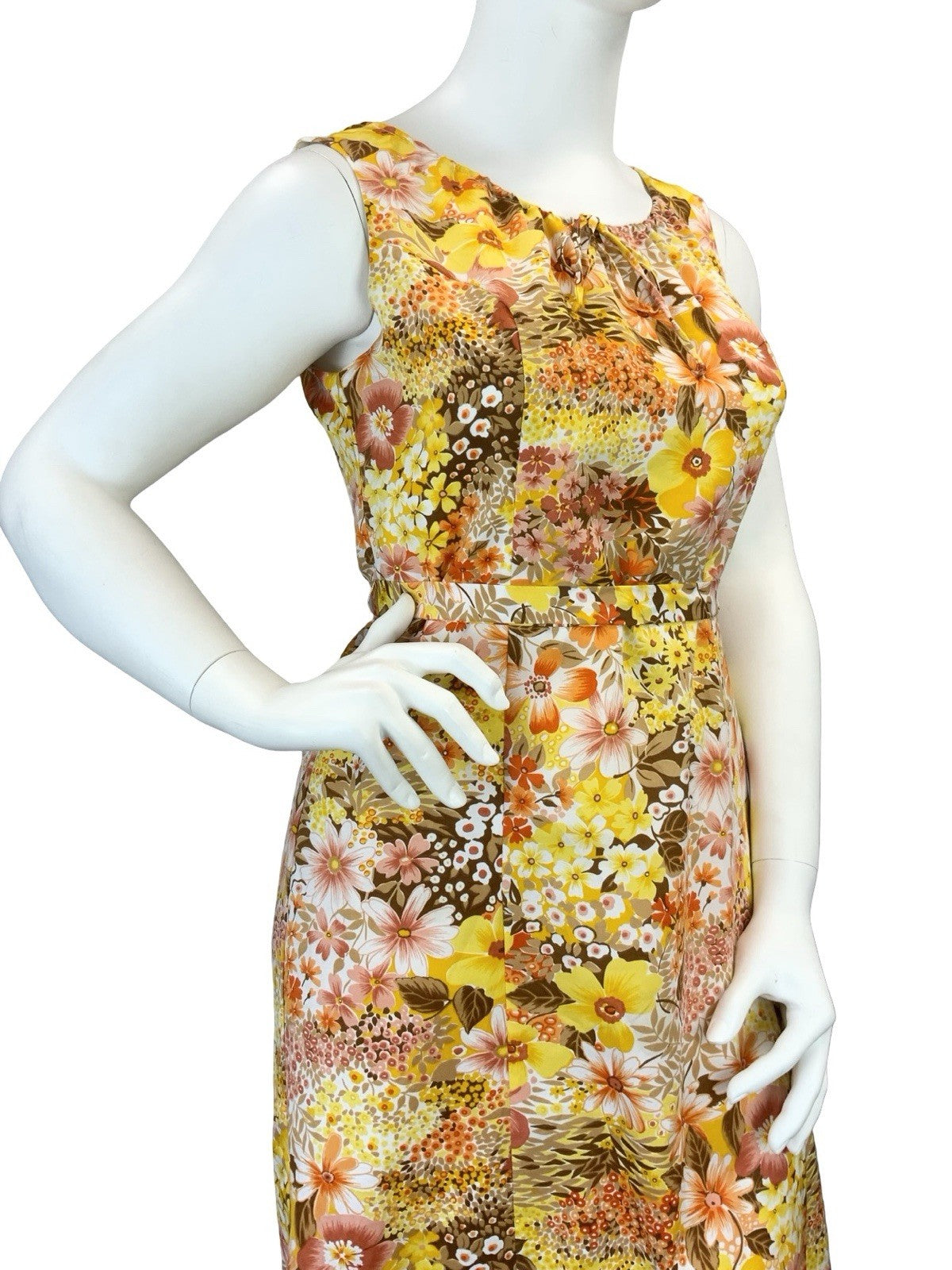 VTG 60S 70S YELLOW ORANGE BROWN RETRO FLORAL TIE WAIST MOD MIDI DRESS 14