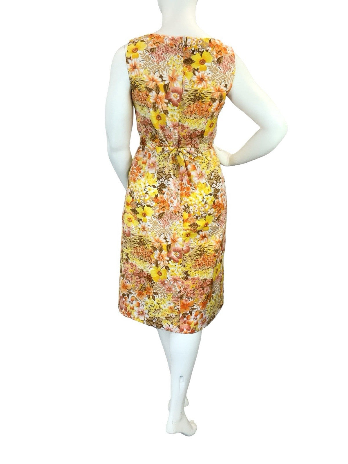VTG 60S 70S YELLOW ORANGE BROWN RETRO FLORAL TIE WAIST MOD MIDI DRESS 14
