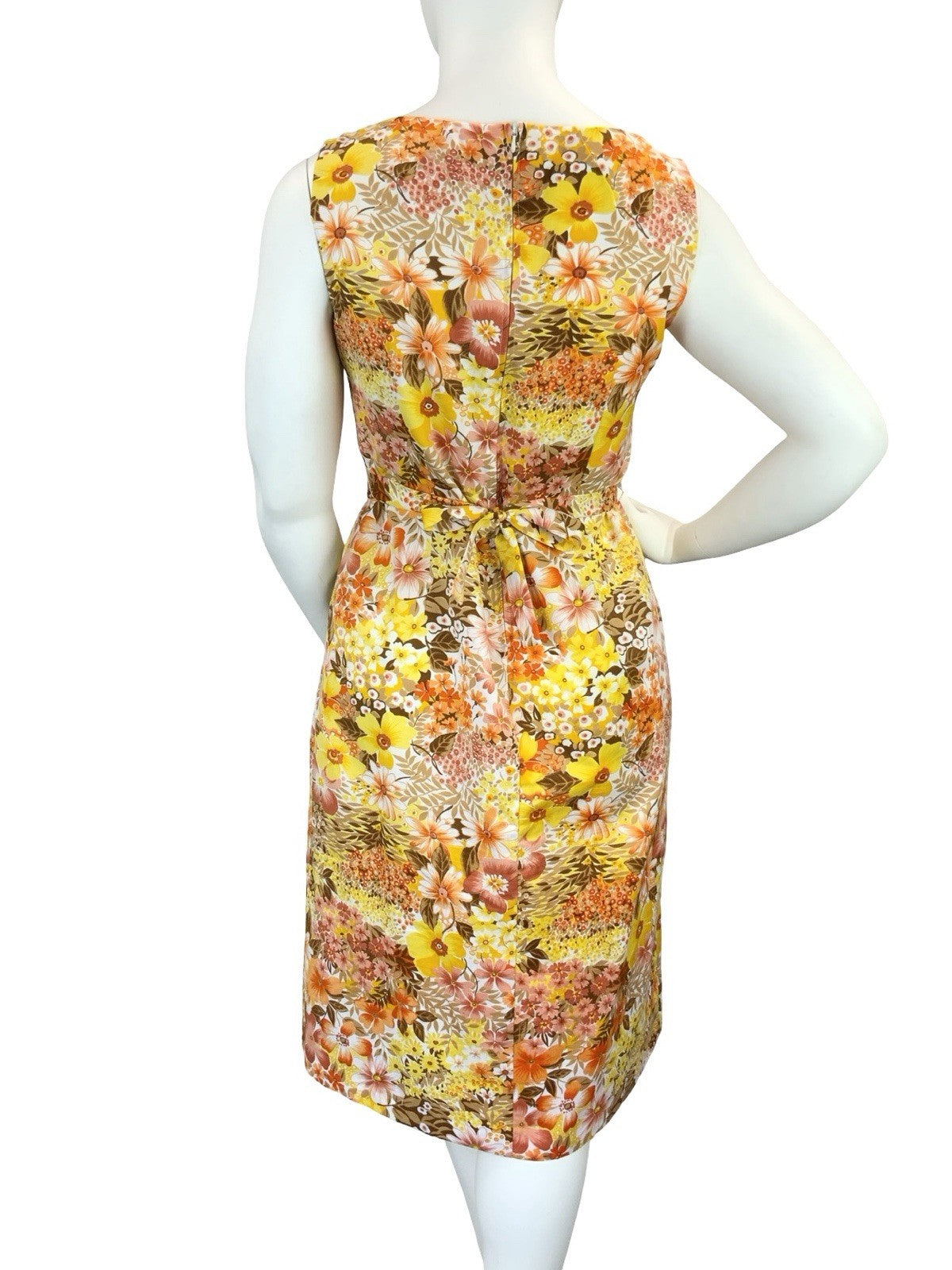 VTG 60S 70S YELLOW ORANGE BROWN RETRO FLORAL TIE WAIST MOD MIDI DRESS 14