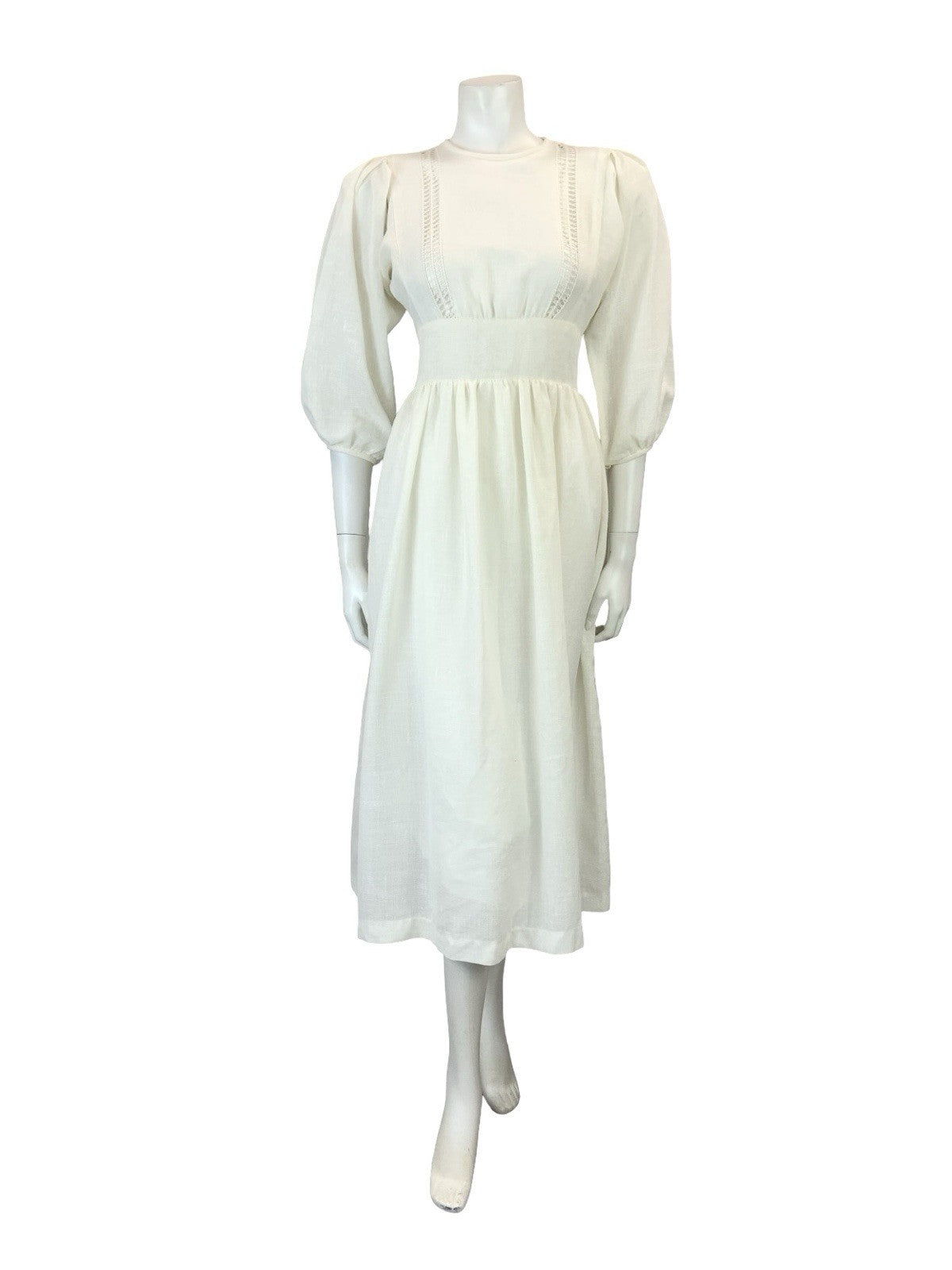 VTG 60S 70S OFF WHITE CROTCHET PUFF SLEEVE PRAIRIE BOHO COTTAGE MIDI DRESS 10