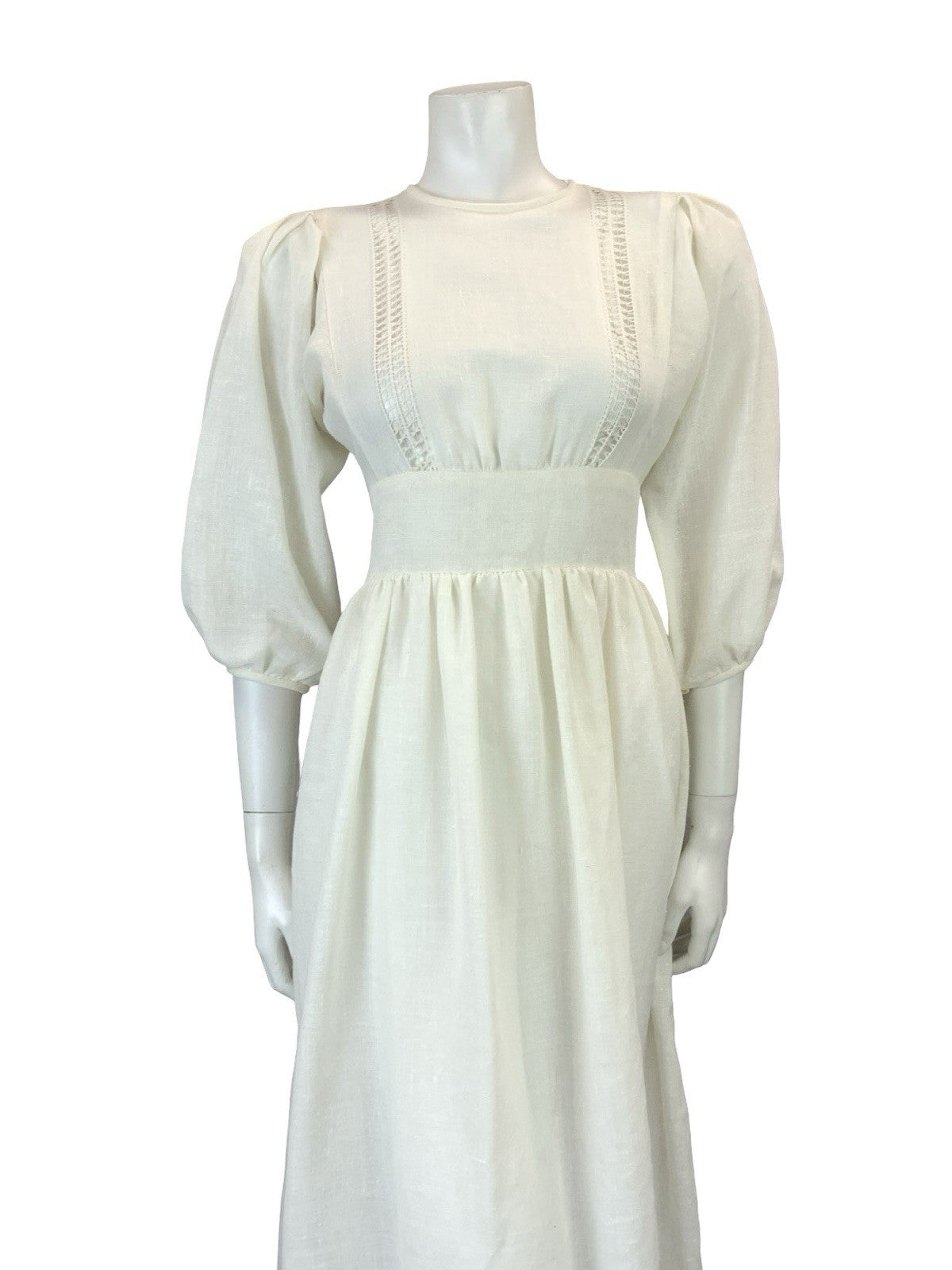 VTG 60S 70S OFF WHITE CROTCHET PUFF SLEEVE PRAIRIE BOHO COTTAGE MIDI DRESS 10