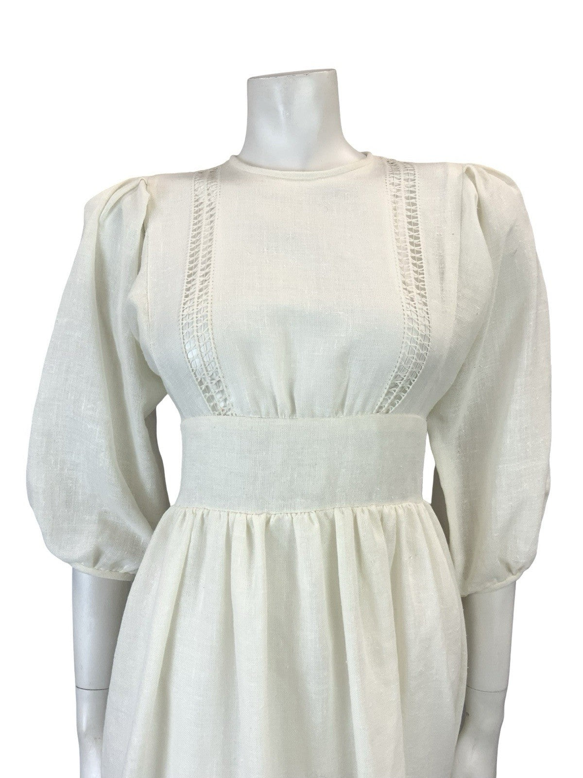 VTG 60S 70S OFF WHITE CROTCHET PUFF SLEEVE PRAIRIE BOHO COTTAGE MIDI DRESS 10