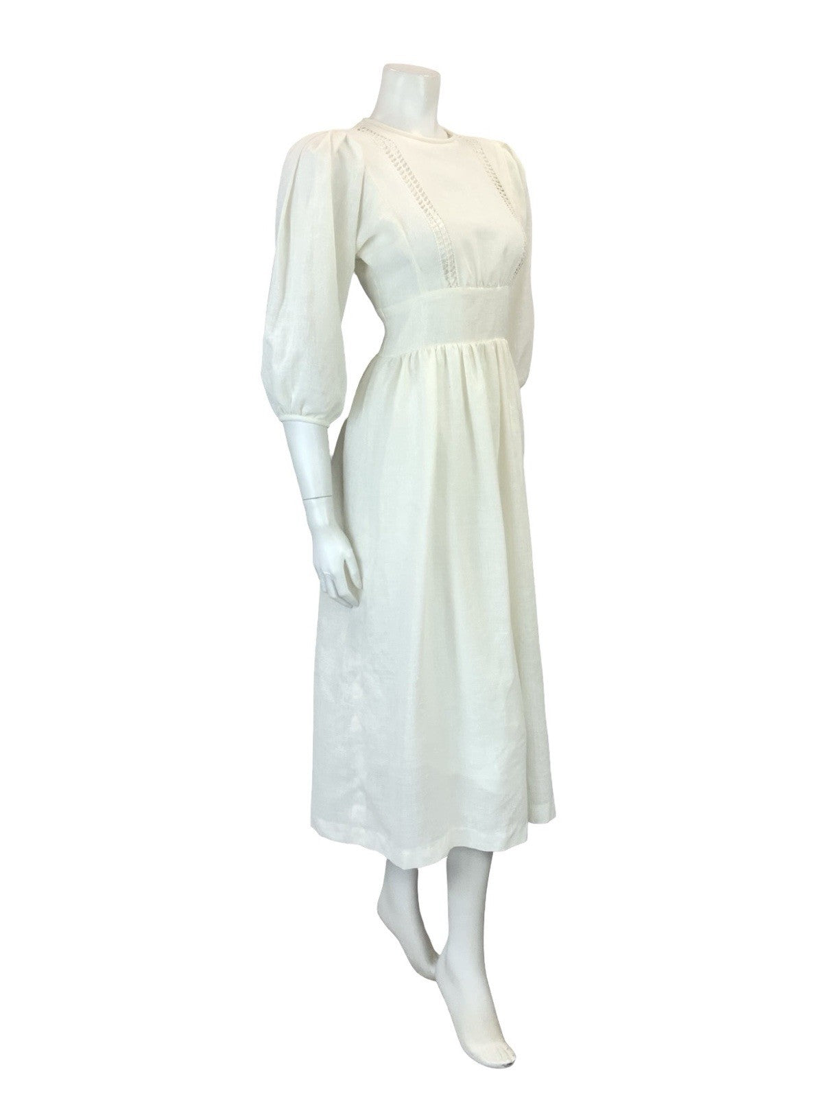 VTG 60S 70S OFF WHITE CROTCHET PUFF SLEEVE PRAIRIE BOHO COTTAGE MIDI DRESS 10