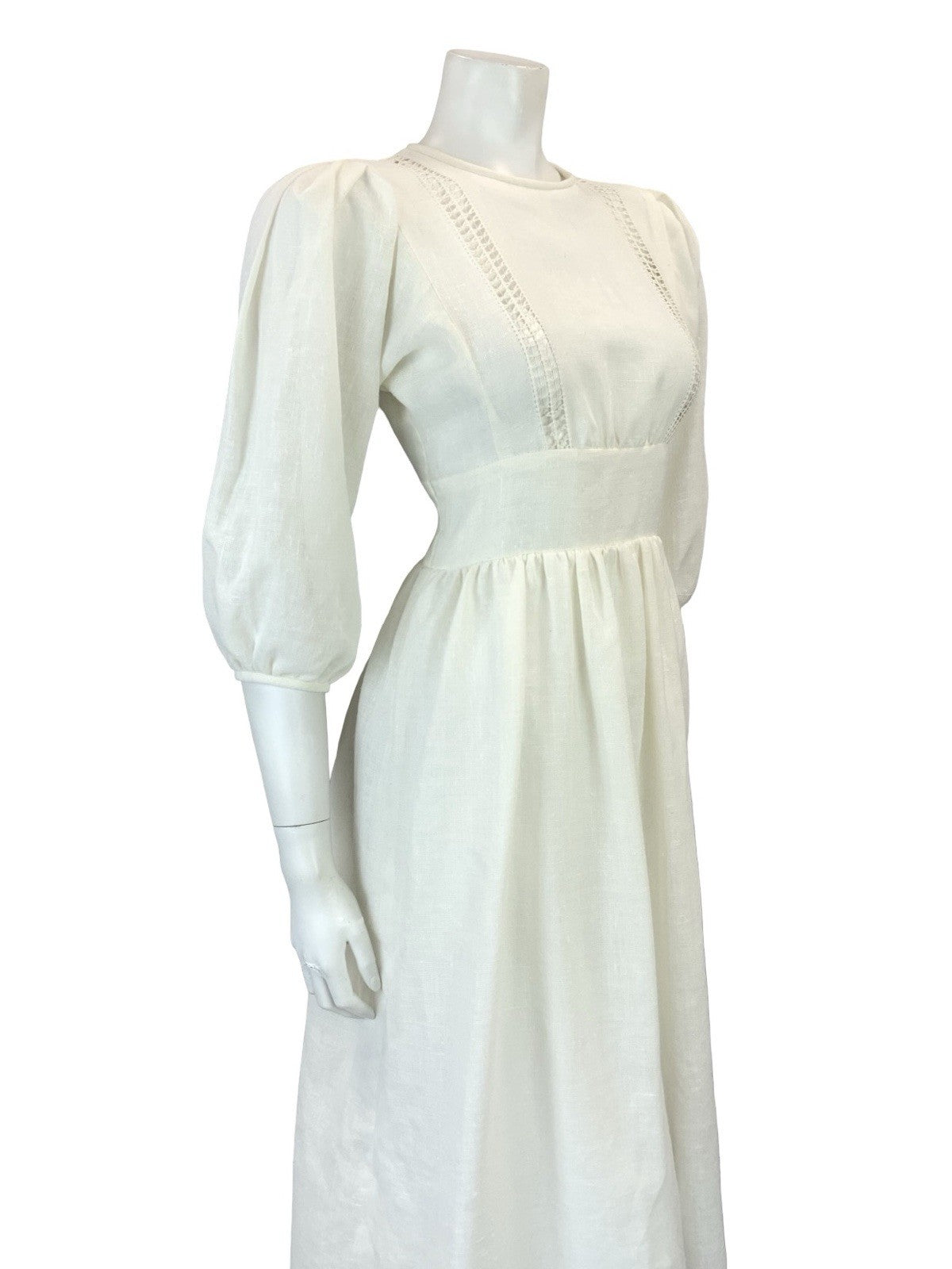 VTG 60S 70S OFF WHITE CROTCHET PUFF SLEEVE PRAIRIE BOHO COTTAGE MIDI DRESS 10