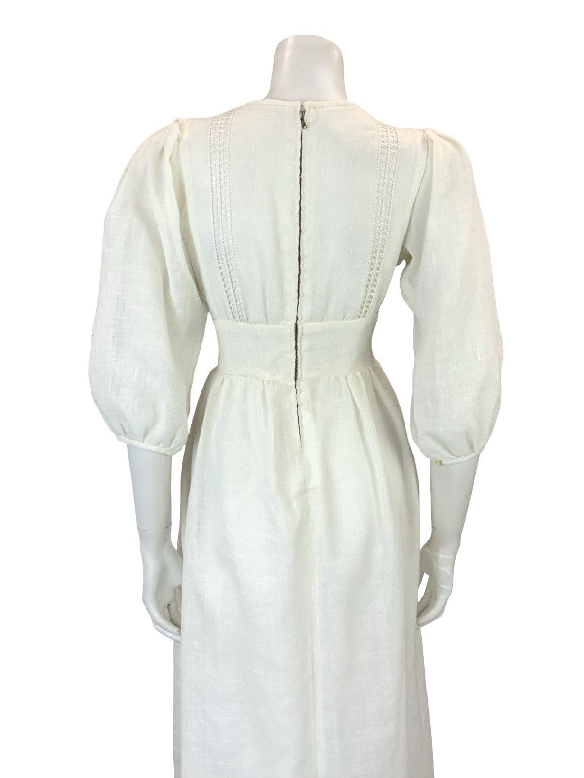 VTG 60S 70S OFF WHITE CROTCHET PUFF SLEEVE PRAIRIE BOHO COTTAGE MIDI DRESS 10