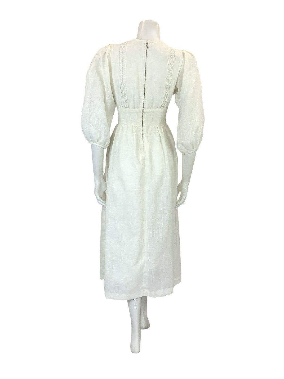 VTG 60S 70S OFF WHITE CROTCHET PUFF SLEEVE PRAIRIE BOHO COTTAGE MIDI DRESS 10