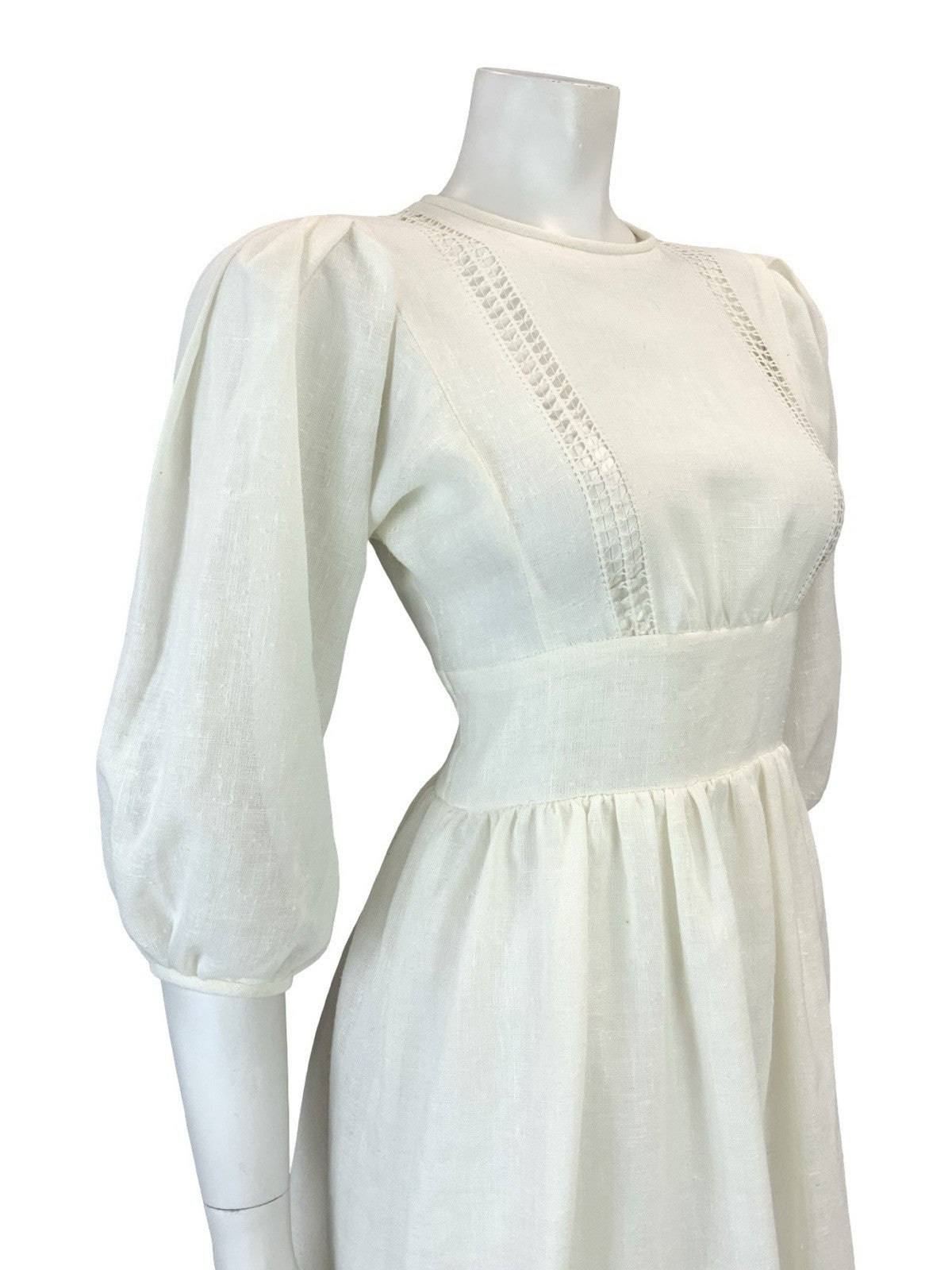 VTG 60S 70S OFF WHITE CROTCHET PUFF SLEEVE PRAIRIE BOHO COTTAGE MIDI DRESS 10