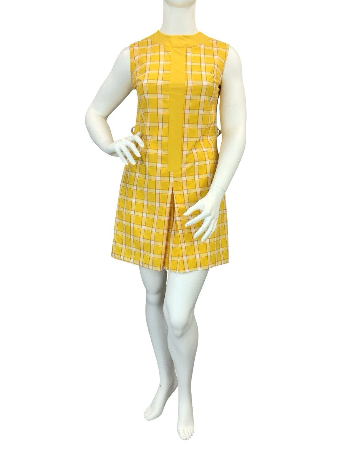 VTG 60S 70S YELLOW RED WHITE PLAID RETRO MOD PLEAT PLAYSUIT JUMPSUIT 16 14