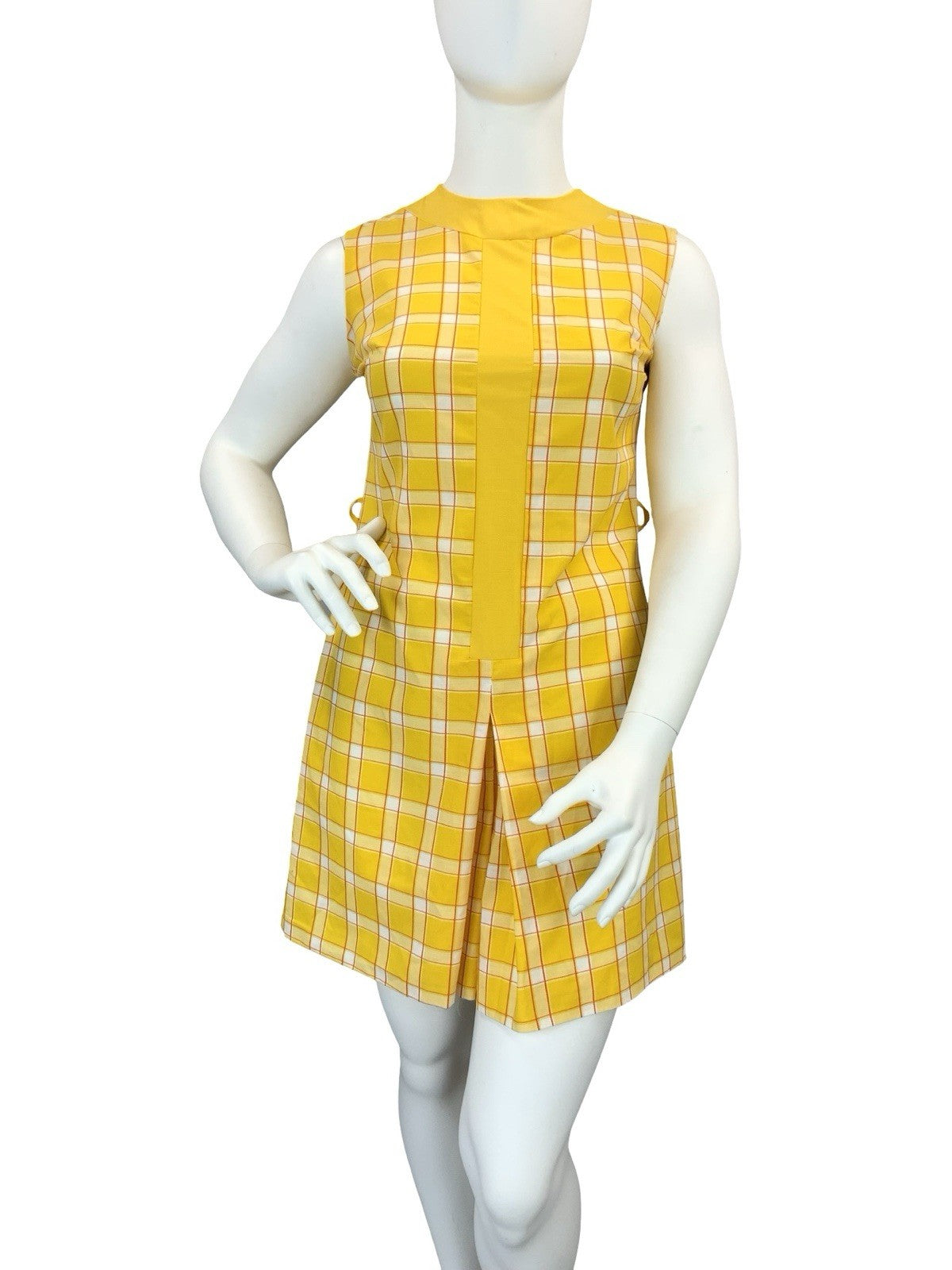 VTG 60S 70S YELLOW RED WHITE PLAID RETRO MOD PLEAT PLAYSUIT JUMPSUIT 16 14