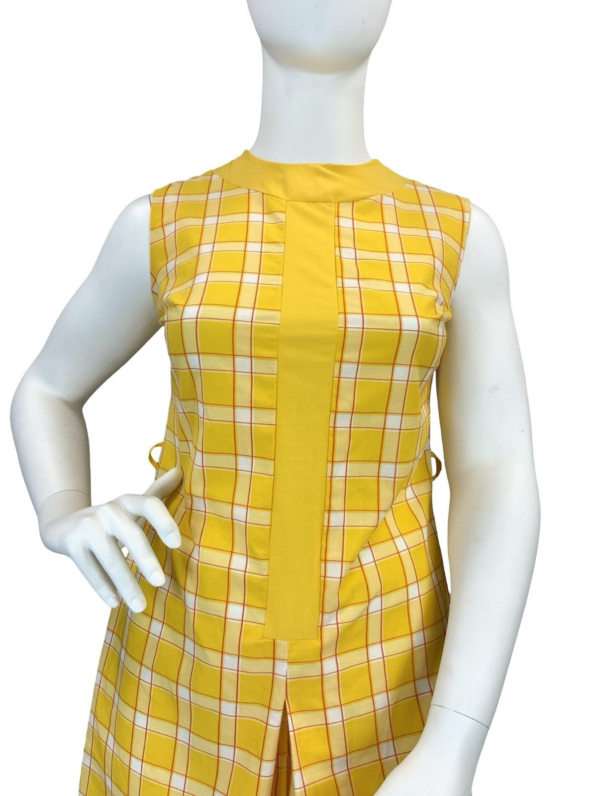 VTG 60S 70S YELLOW RED WHITE PLAID RETRO MOD PLEAT PLAYSUIT JUMPSUIT 16 14
