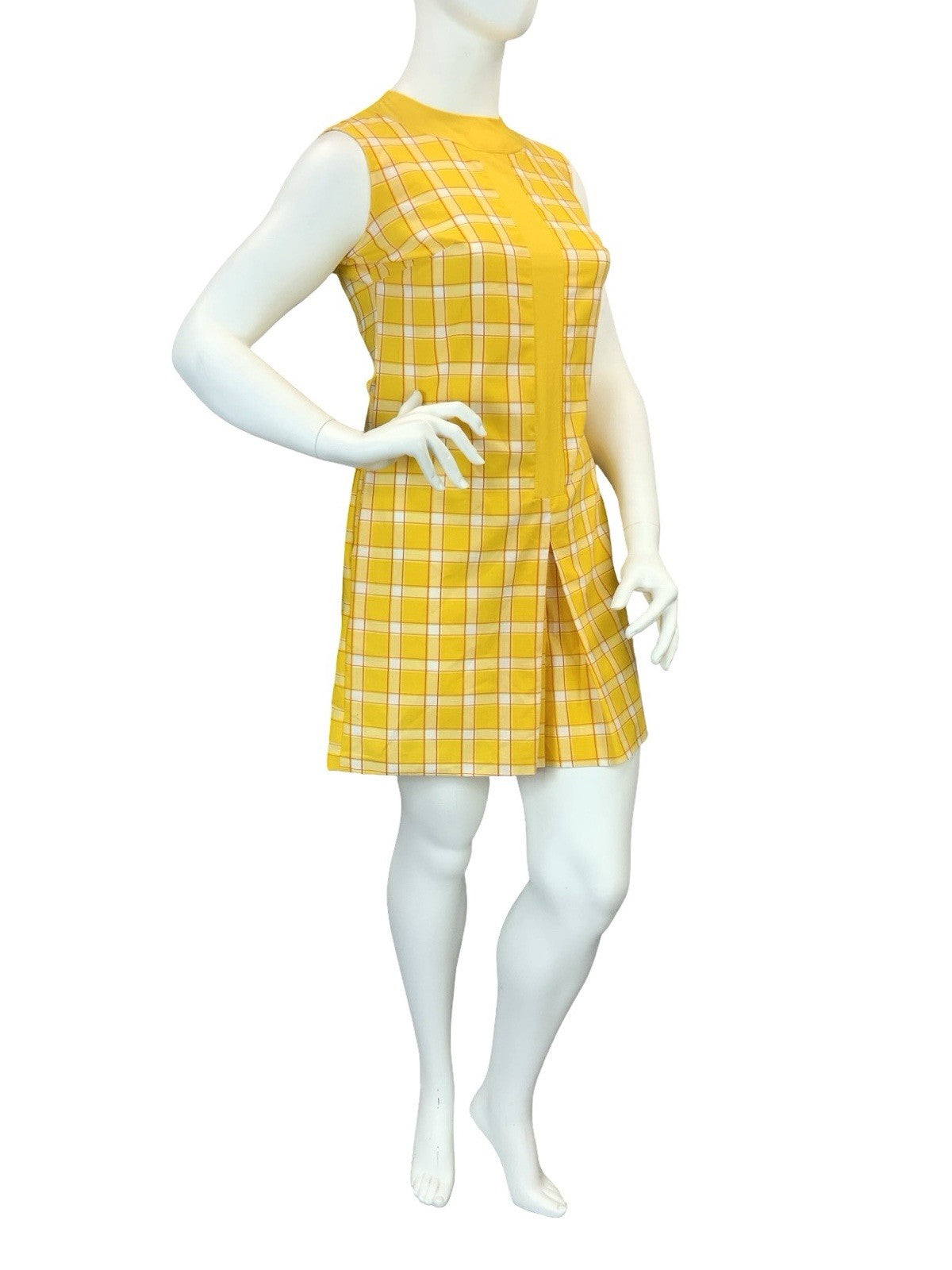 VTG 60S 70S YELLOW RED WHITE PLAID RETRO MOD PLEAT PLAYSUIT JUMPSUIT 16 14