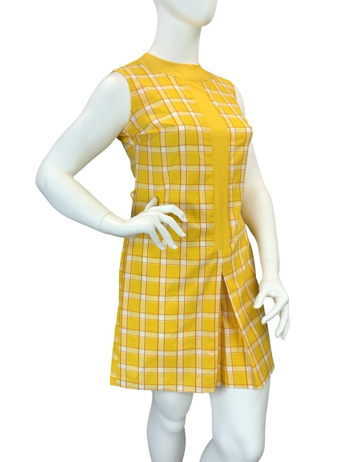 VTG 60S 70S YELLOW RED WHITE PLAID RETRO MOD PLEAT PLAYSUIT JUMPSUIT 16 14