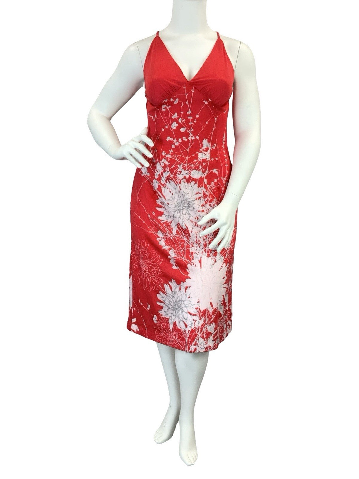 VTG 60S 70S BRIGHT RED WHITE FLOWER FLORAL STRAPPY CROSS BACK MIDI DRESS 14 16