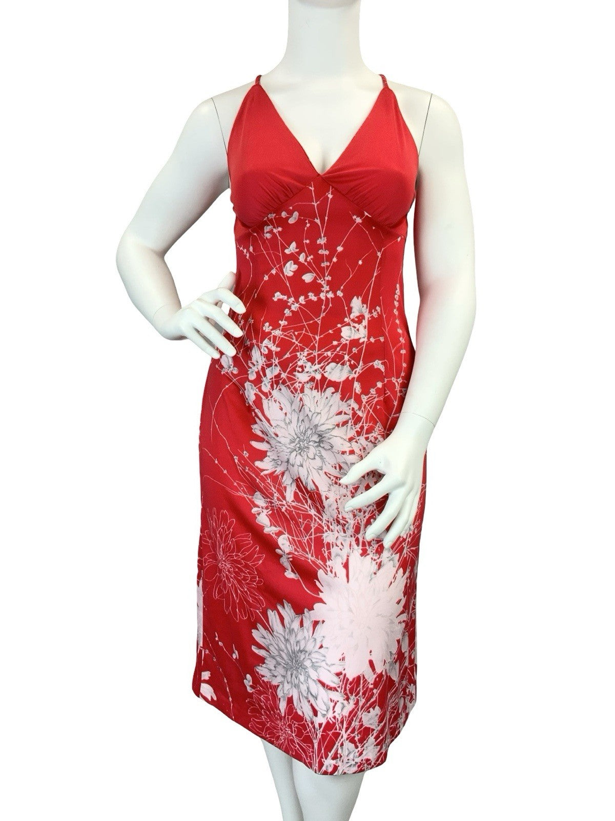 VTG 60S 70S BRIGHT RED WHITE FLOWER FLORAL STRAPPY CROSS BACK MIDI DRESS 14 16