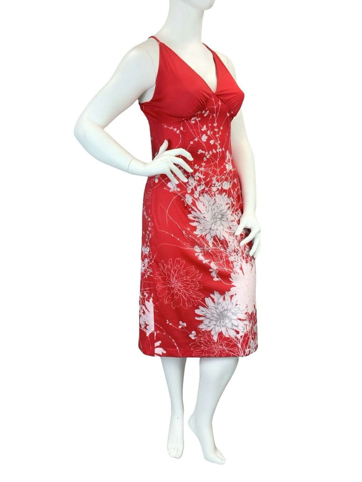 VTG 60S 70S BRIGHT RED WHITE FLOWER FLORAL STRAPPY CROSS BACK MIDI DRESS 14 16