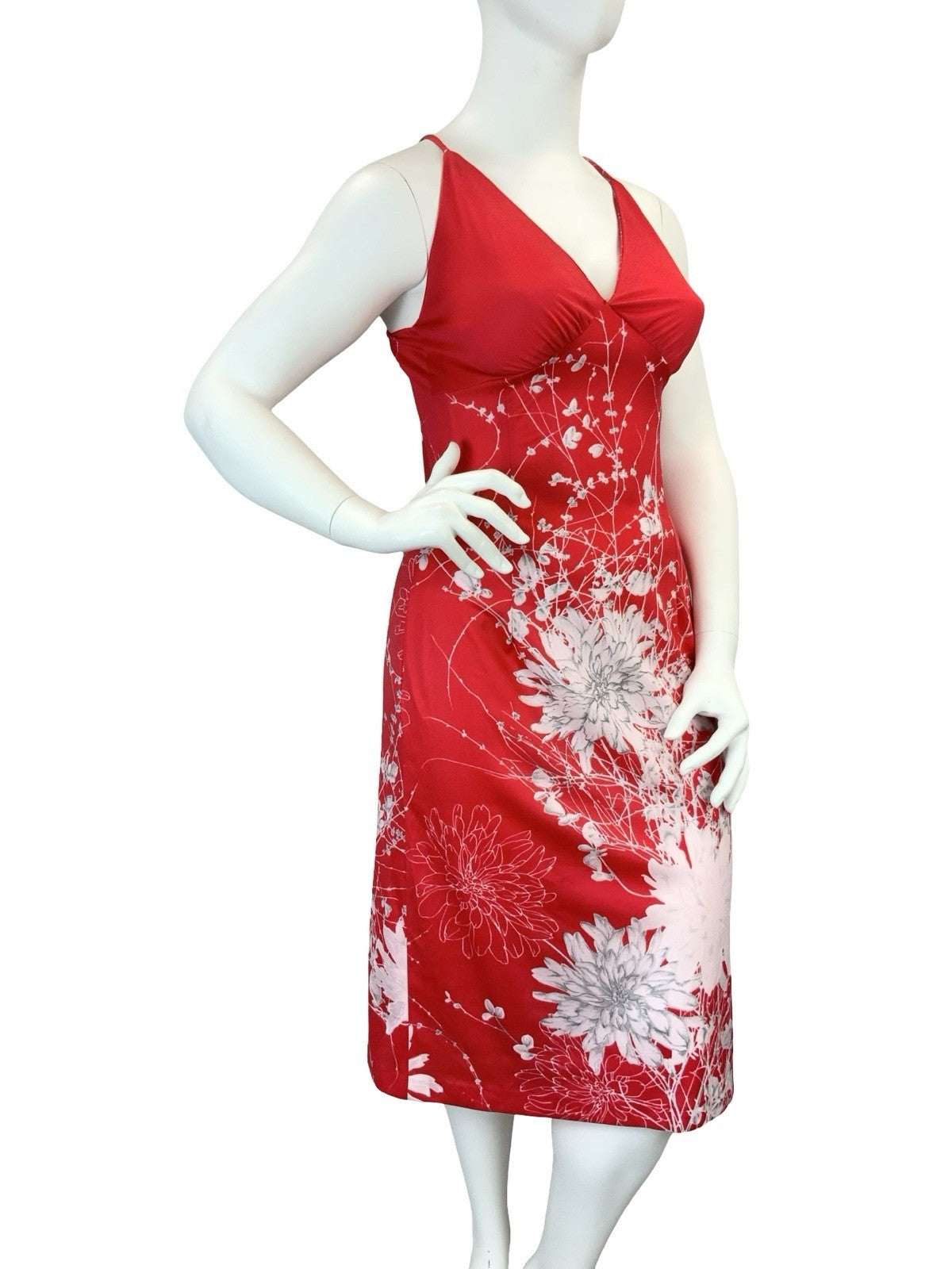 VTG 60S 70S BRIGHT RED WHITE FLOWER FLORAL STRAPPY CROSS BACK MIDI DRESS 14 16