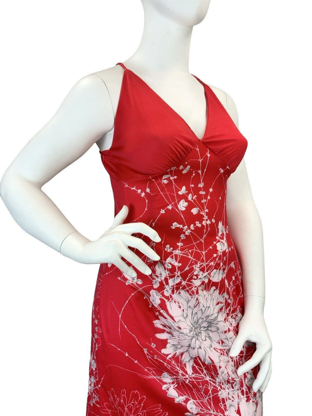VTG 60S 70S BRIGHT RED WHITE FLOWER FLORAL STRAPPY CROSS BACK MIDI DRESS 14 16