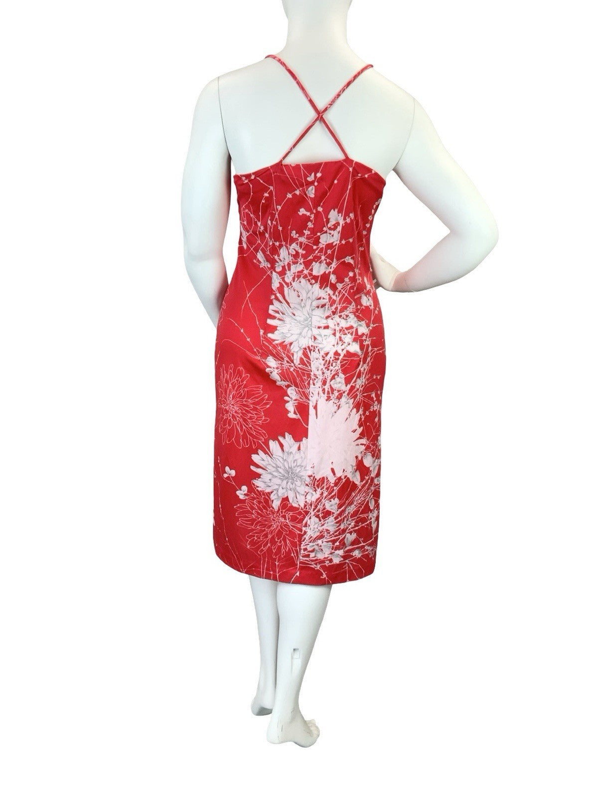 VTG 60S 70S BRIGHT RED WHITE FLOWER FLORAL STRAPPY CROSS BACK MIDI DRESS 14 16