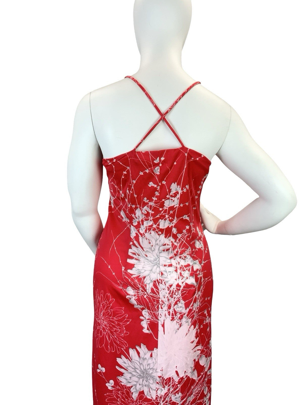 VTG 60S 70S BRIGHT RED WHITE FLOWER FLORAL STRAPPY CROSS BACK MIDI DRESS 14 16