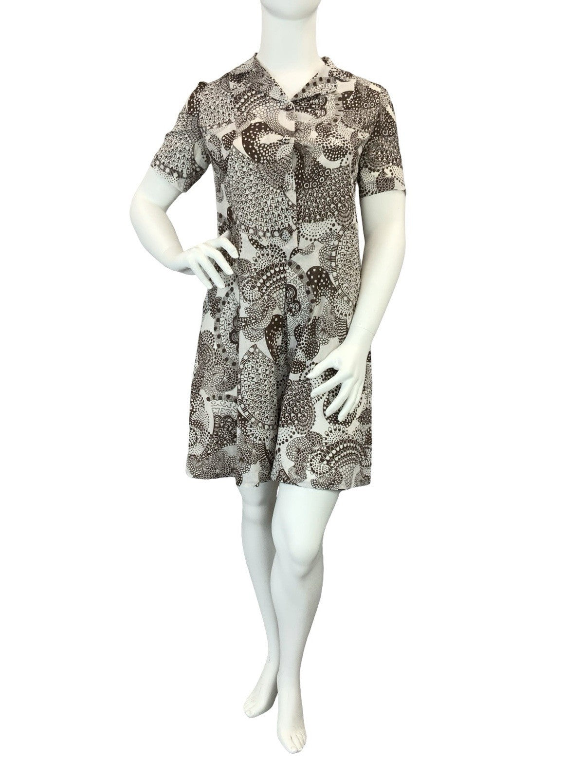 VTG 60S 70S BROWN WHITE PSYCHEDELIC DOTTY JOHNNY COLLAR SHIRT DRESS 16