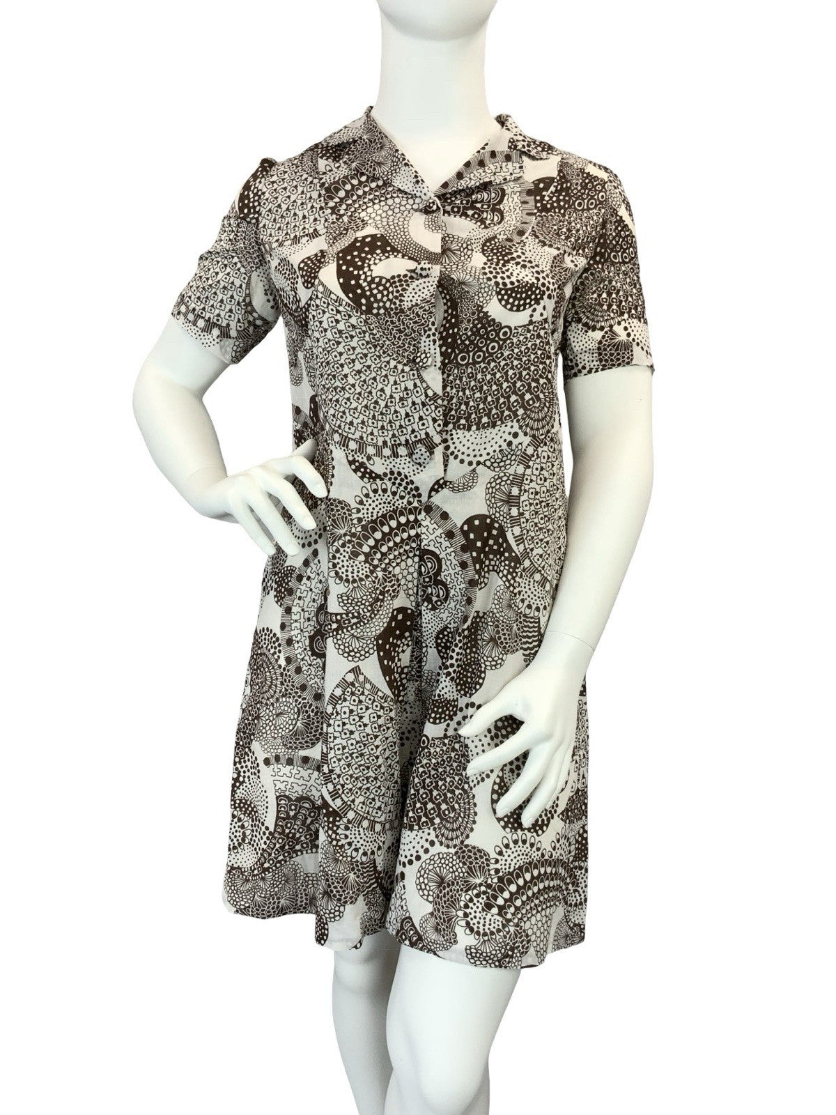 VTG 60S 70S BROWN WHITE PSYCHEDELIC DOTTY JOHNNY COLLAR SHIRT DRESS 16