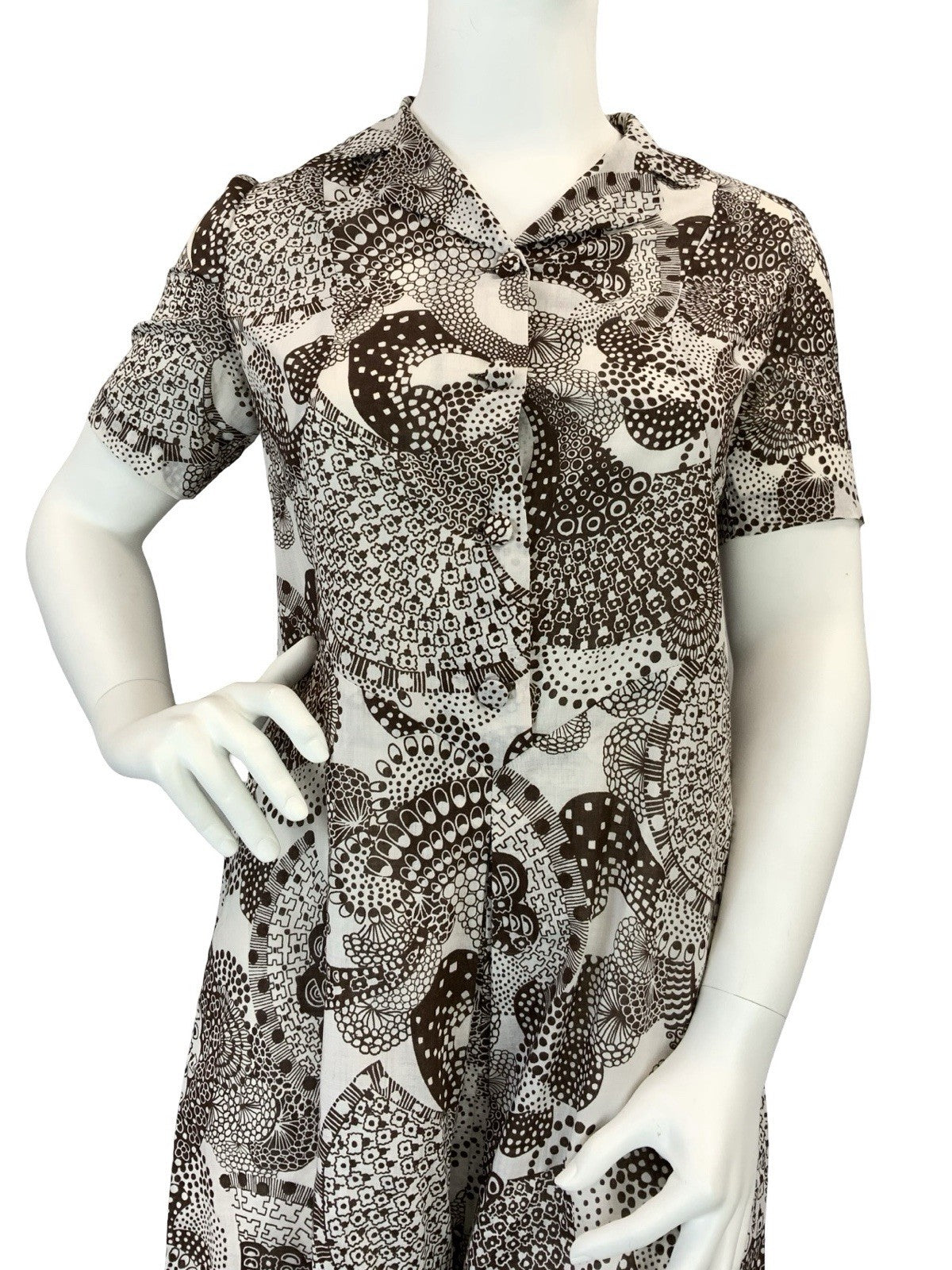 VTG 60S 70S BROWN WHITE PSYCHEDELIC DOTTY JOHNNY COLLAR SHIRT DRESS 16