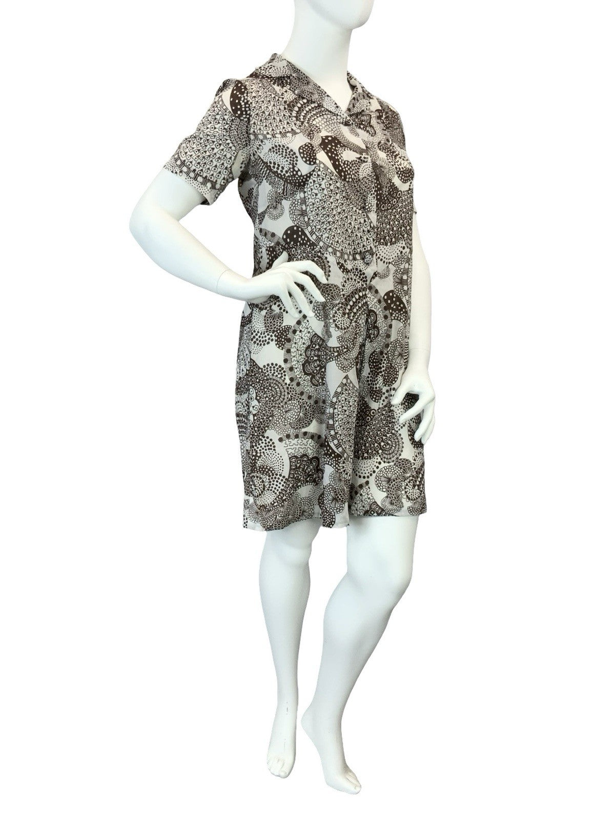 VTG 60S 70S BROWN WHITE PSYCHEDELIC DOTTY JOHNNY COLLAR SHIRT DRESS 16