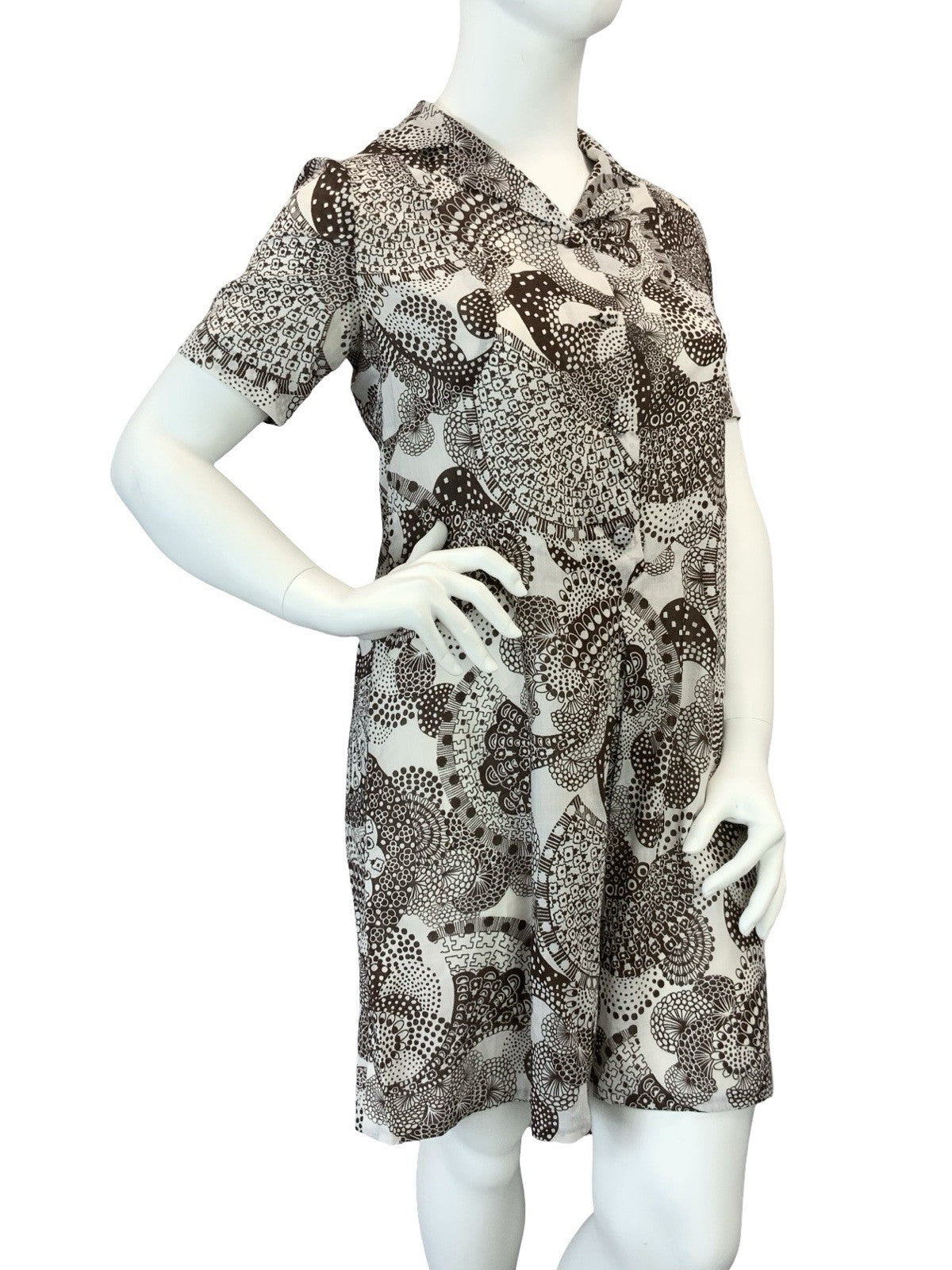 VTG 60S 70S BROWN WHITE PSYCHEDELIC DOTTY JOHNNY COLLAR SHIRT DRESS 16