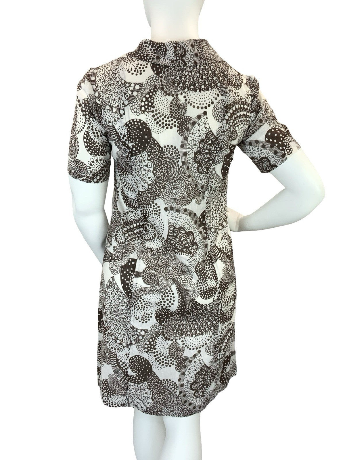 VTG 60S 70S BROWN WHITE PSYCHEDELIC DOTTY JOHNNY COLLAR SHIRT DRESS 16