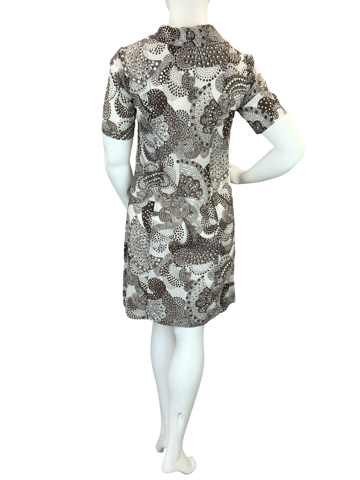 VTG 60S 70S BROWN WHITE PSYCHEDELIC DOTTY JOHNNY COLLAR SHIRT DRESS 16