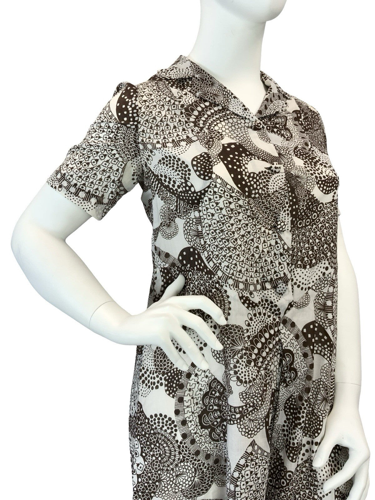 VTG 60S 70S BROWN WHITE PSYCHEDELIC DOTTY JOHNNY COLLAR SHIRT DRESS 16