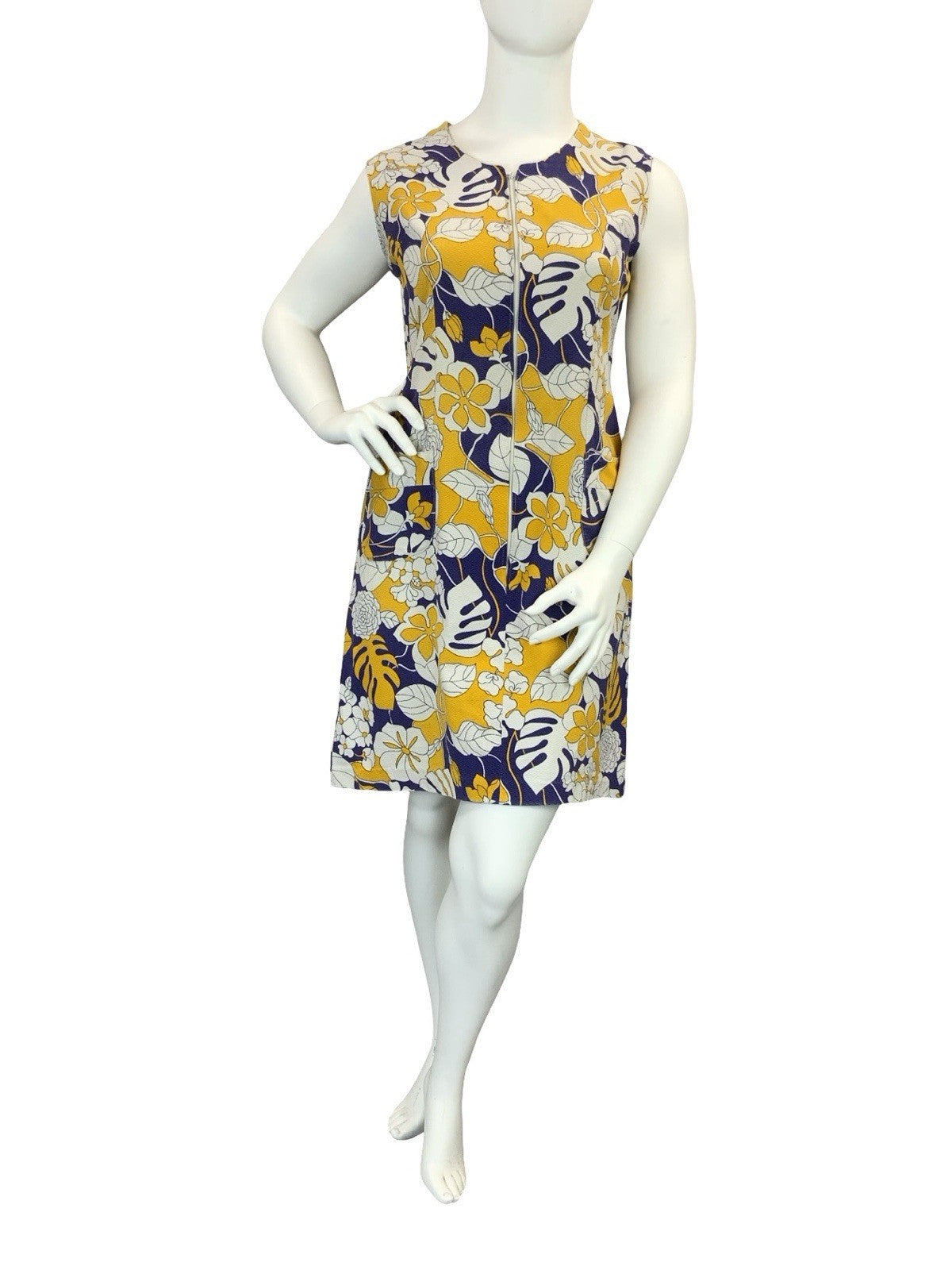 VTG 60S 70S BLUE WHITE YELLOW FLORAL MONSTERA ZIP UP SHIFT DRESS 16