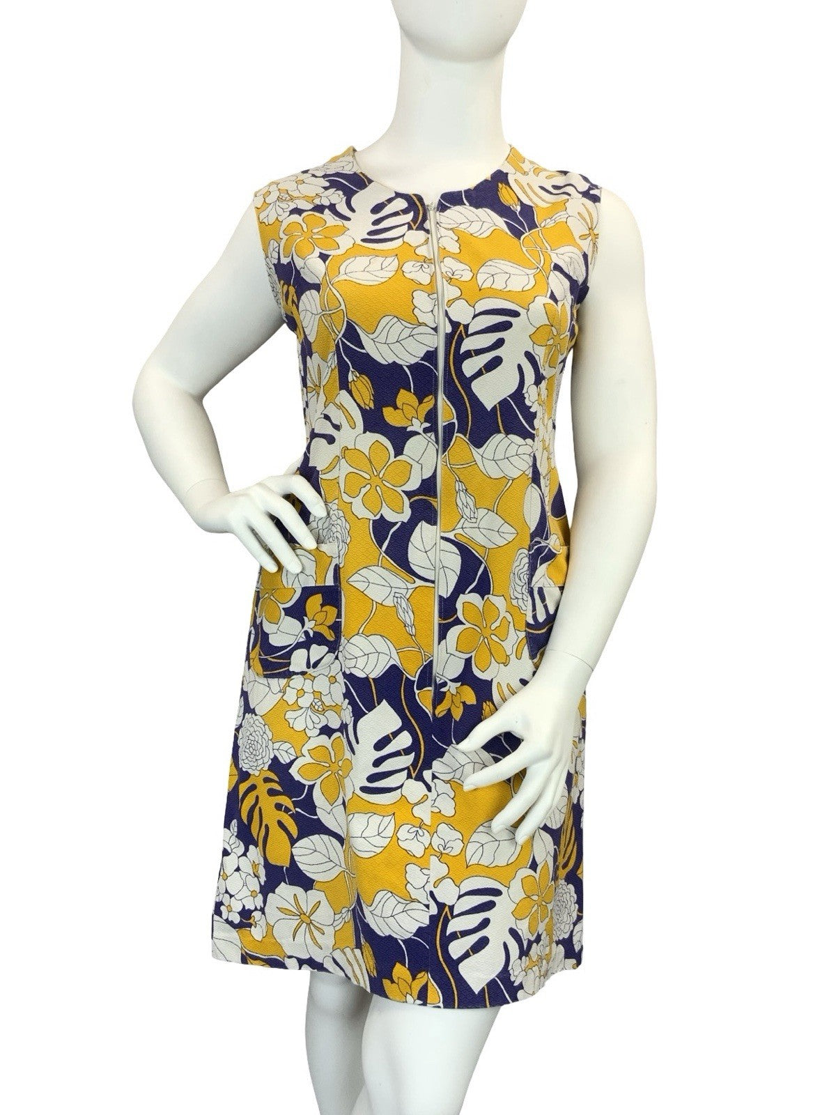 VTG 60S 70S BLUE WHITE YELLOW FLORAL MONSTERA ZIP UP SHIFT DRESS 16