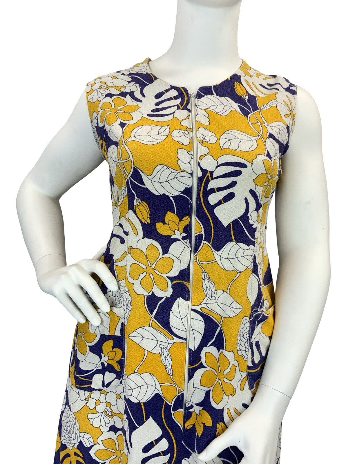 VTG 60S 70S BLUE WHITE YELLOW FLORAL MONSTERA ZIP UP SHIFT DRESS 16