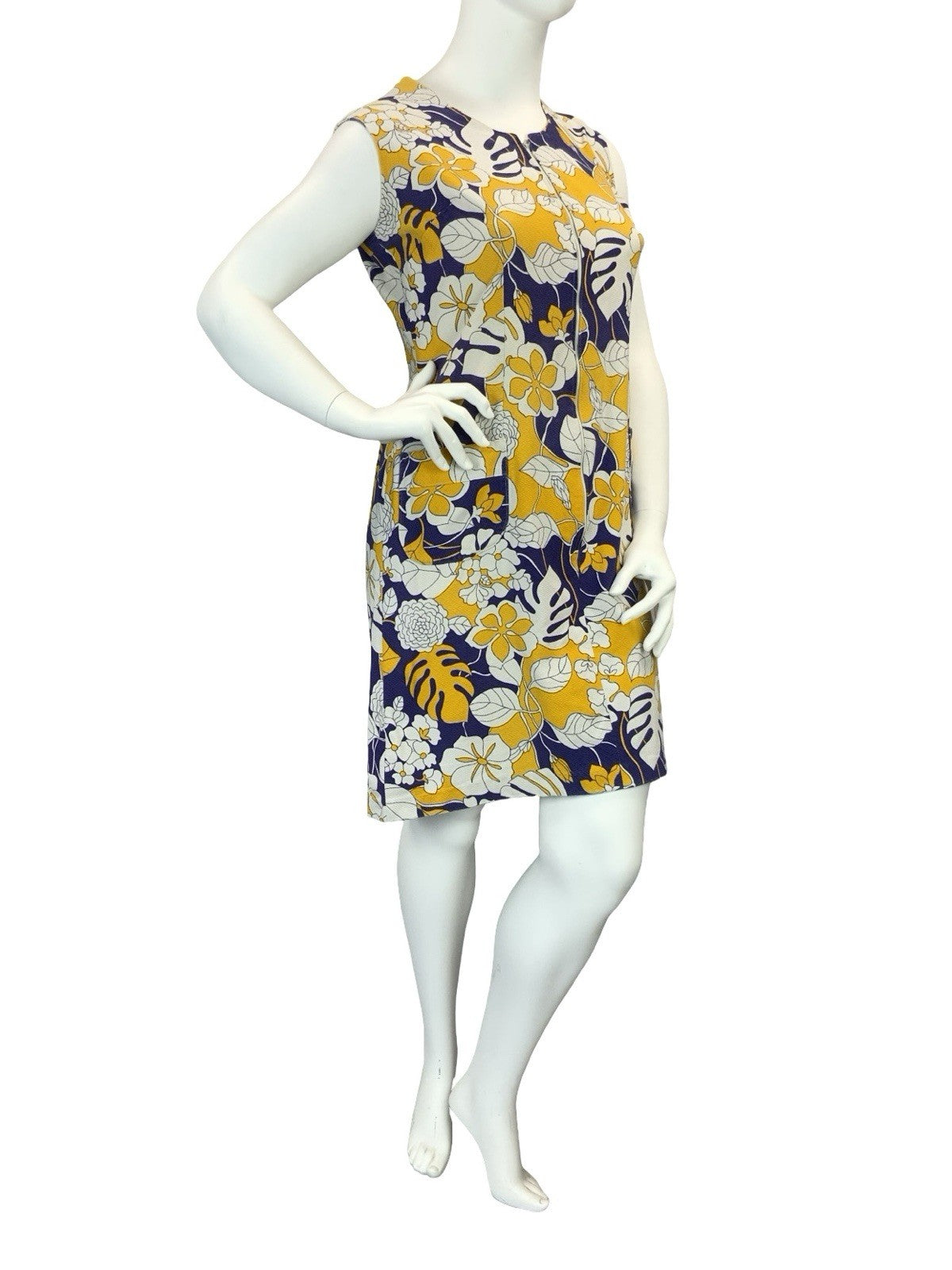 VTG 60S 70S BLUE WHITE YELLOW FLORAL MONSTERA ZIP UP SHIFT DRESS 16