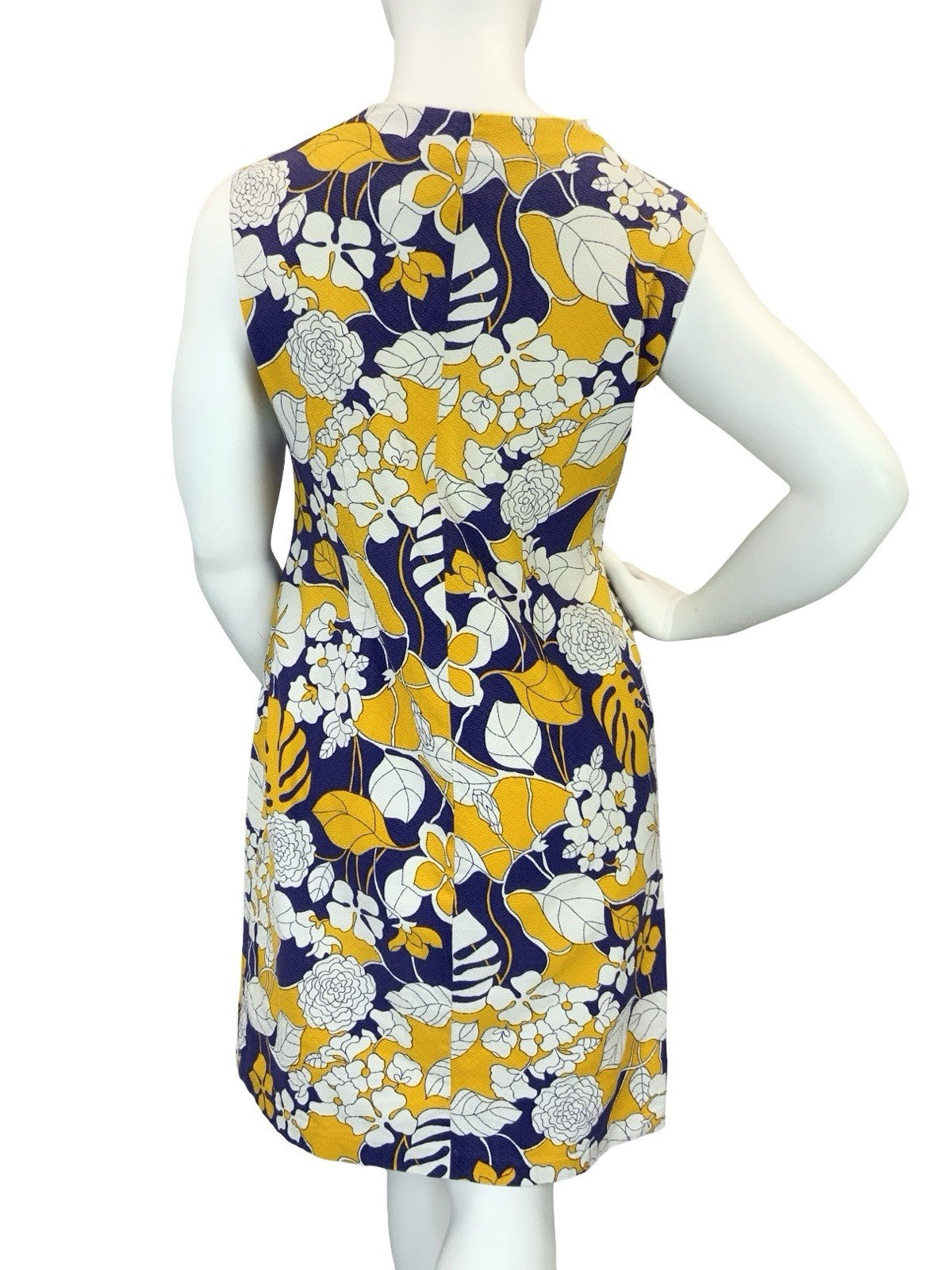VTG 60S 70S BLUE WHITE YELLOW FLORAL MONSTERA ZIP UP SHIFT DRESS 16