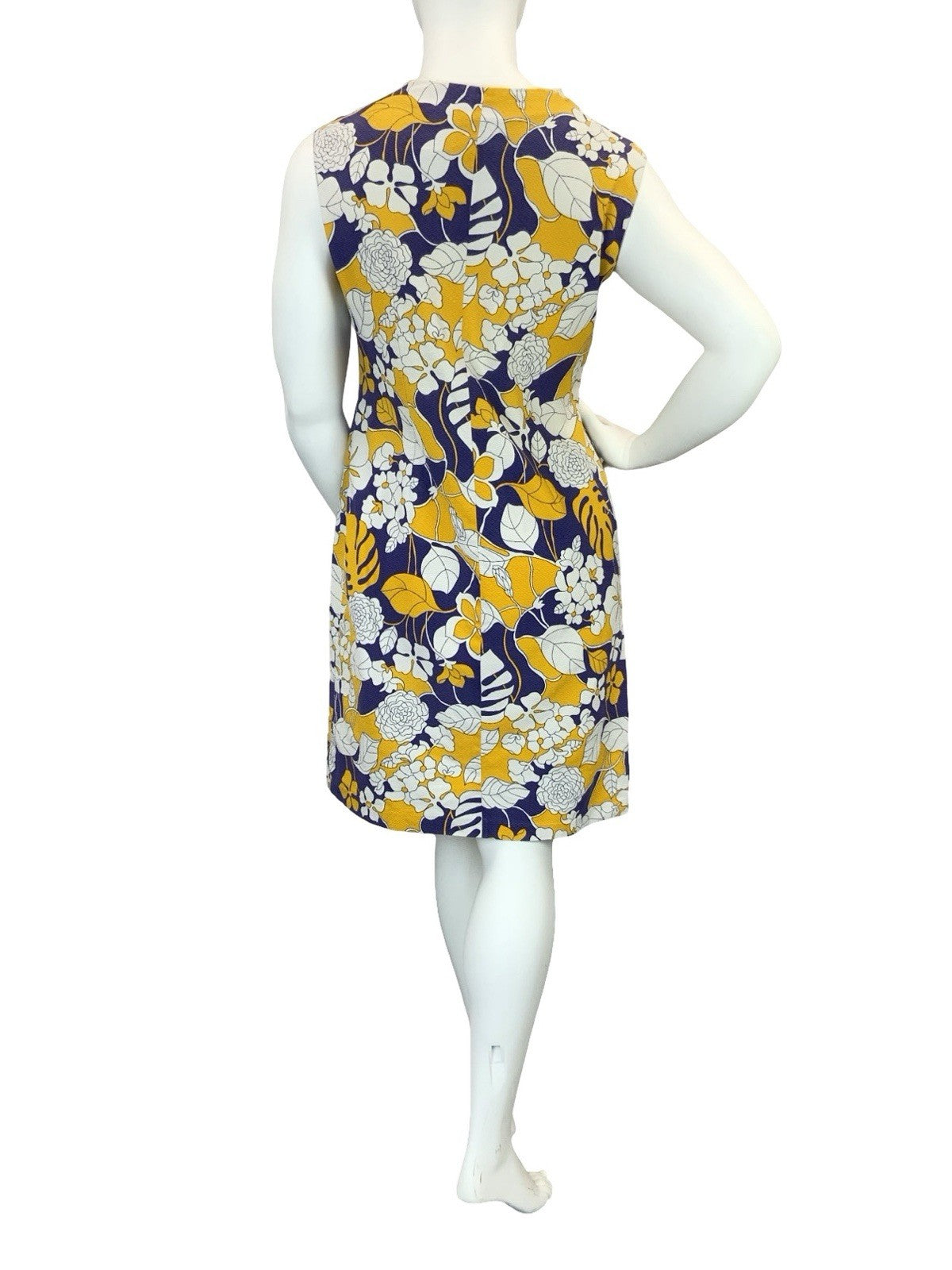 VTG 60S 70S BLUE WHITE YELLOW FLORAL MONSTERA ZIP UP SHIFT DRESS 16