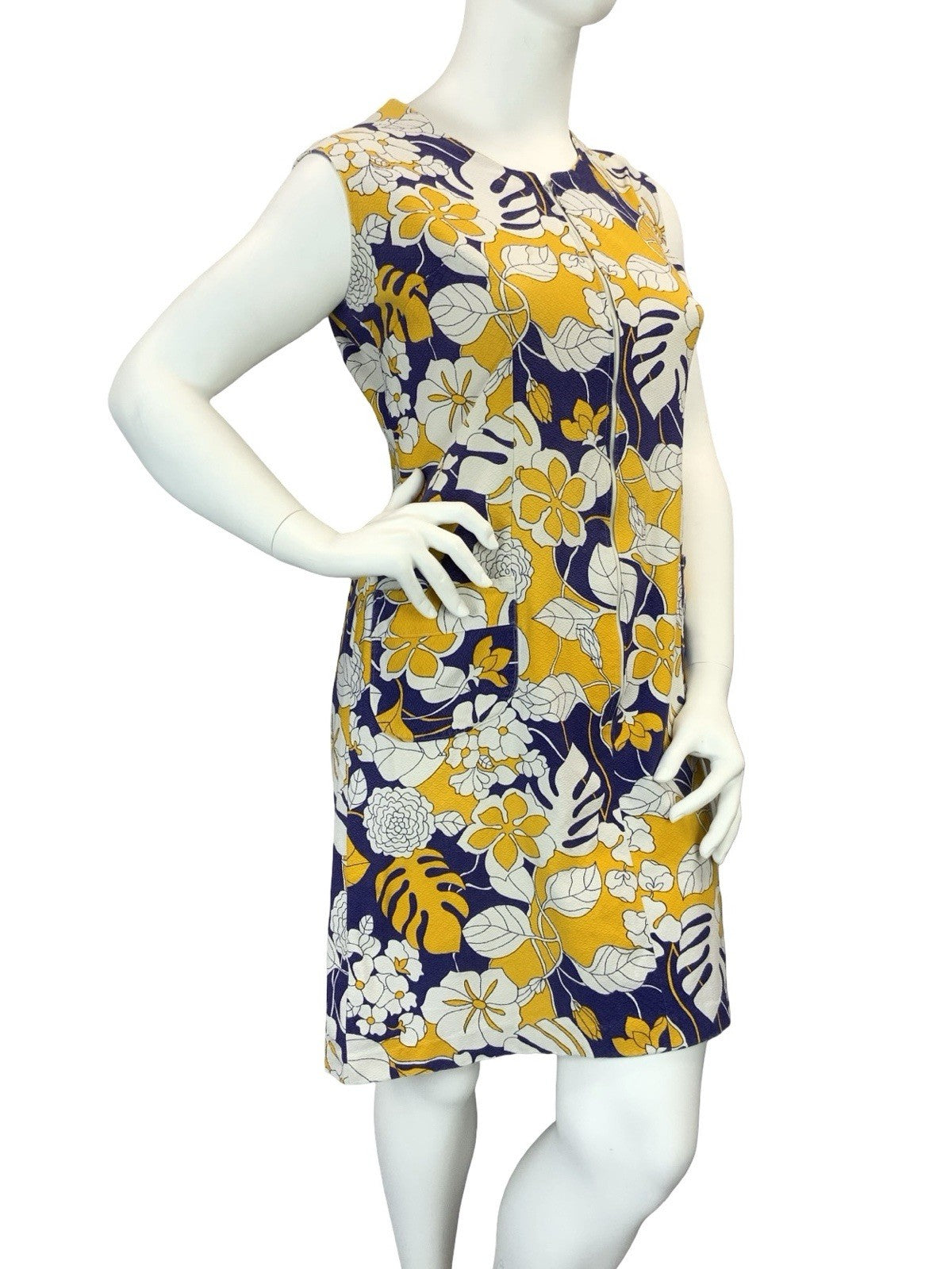 VTG 60S 70S BLUE WHITE YELLOW FLORAL MONSTERA ZIP UP SHIFT DRESS 16