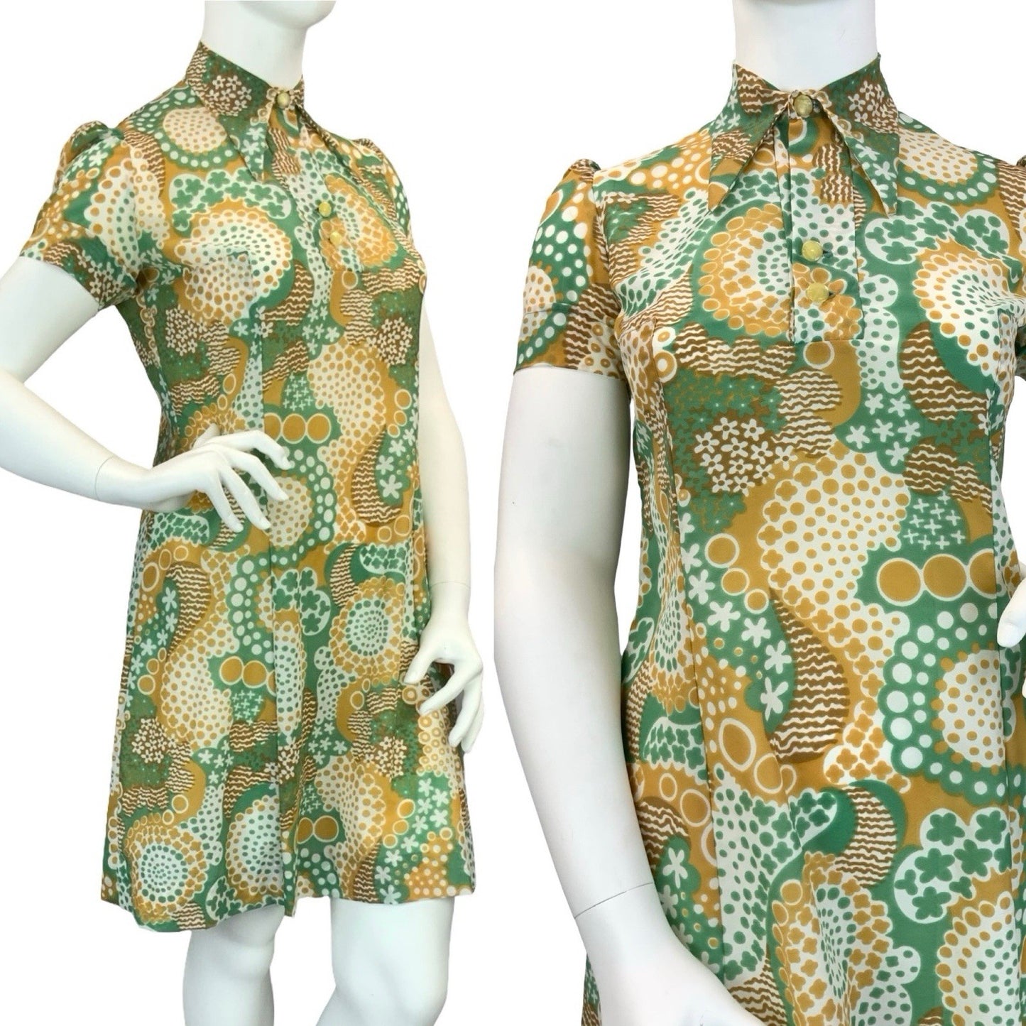 VTG 60S 70S GREEN BROWN WHITE DOTTY WAVY PSYCHEDELIC DAGGER SHIRT DRESS 16