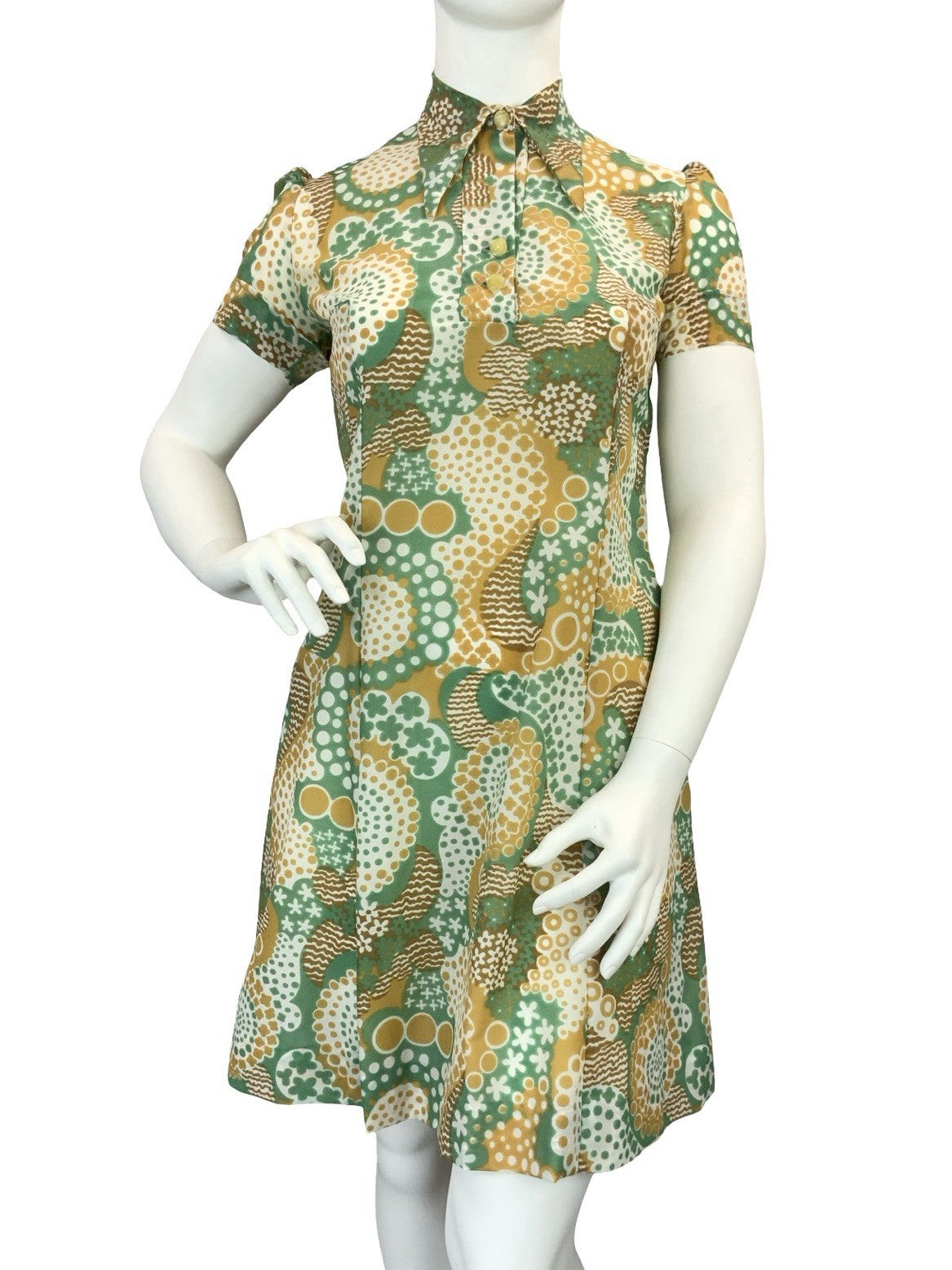 VTG 60S 70S GREEN BROWN WHITE DOTTY WAVY PSYCHEDELIC DAGGER SHIRT DRESS 16