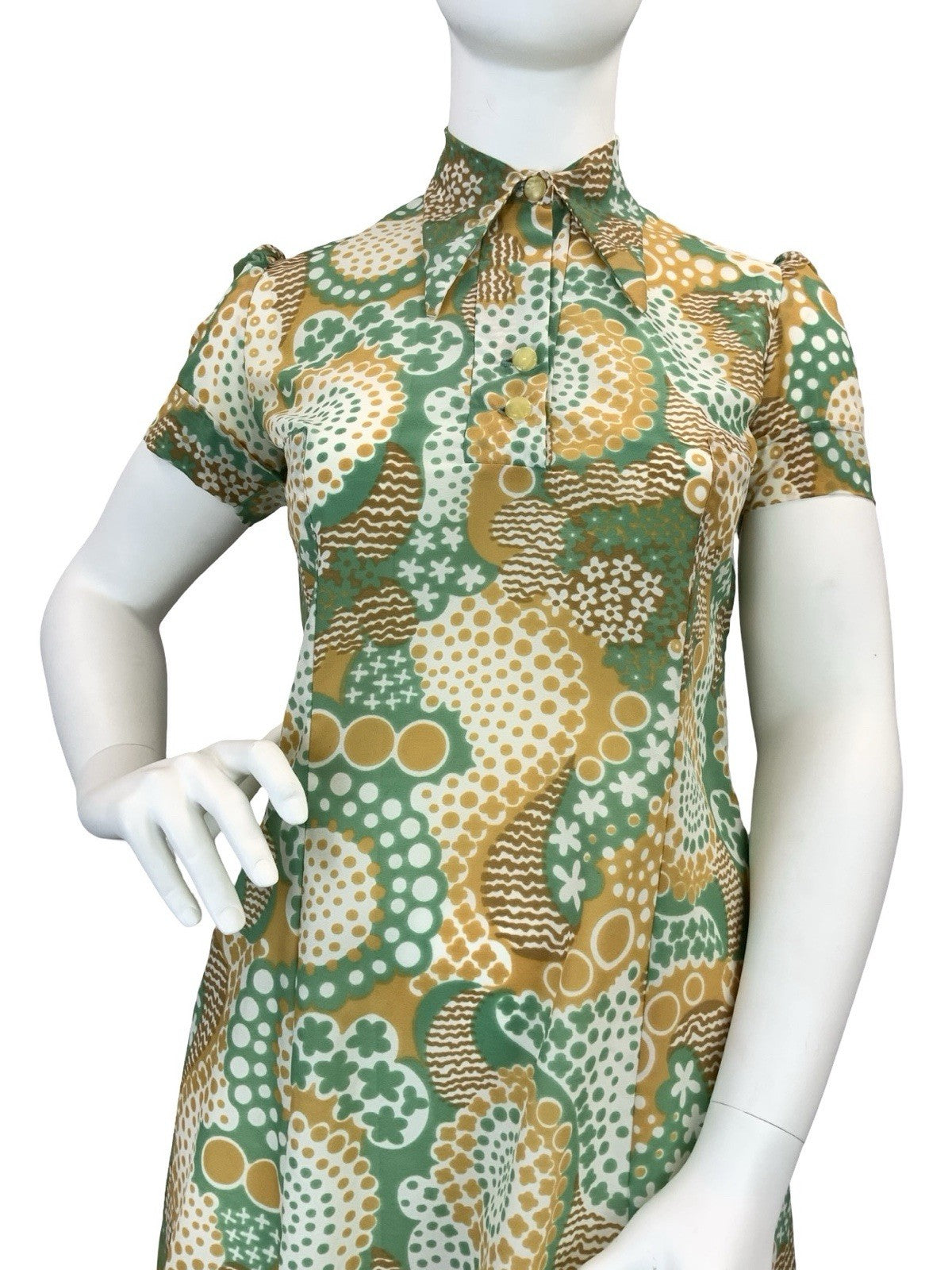 VTG 60S 70S GREEN BROWN WHITE DOTTY WAVY PSYCHEDELIC DAGGER SHIRT DRESS 16