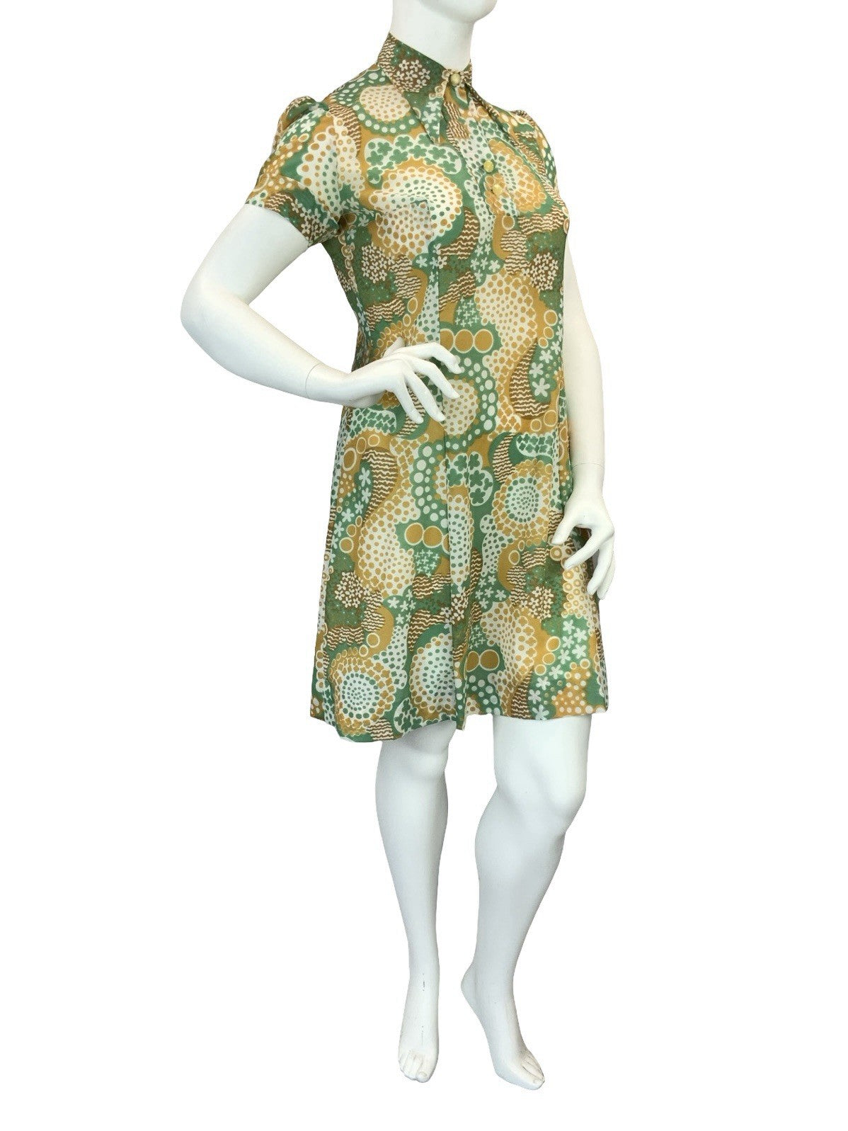 VTG 60S 70S GREEN BROWN WHITE DOTTY WAVY PSYCHEDELIC DAGGER SHIRT DRESS 16