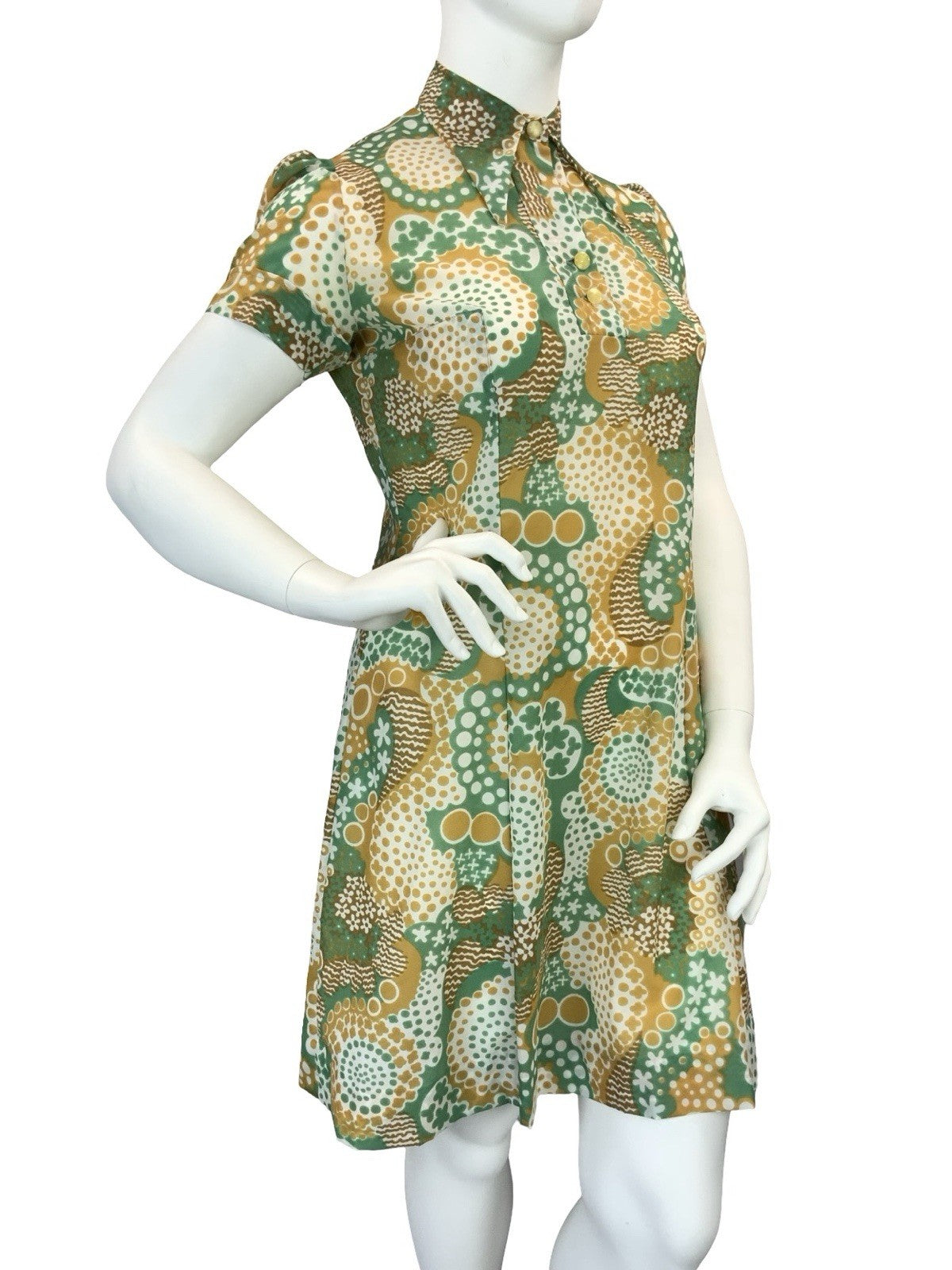 VTG 60S 70S GREEN BROWN WHITE DOTTY WAVY PSYCHEDELIC DAGGER SHIRT DRESS 16
