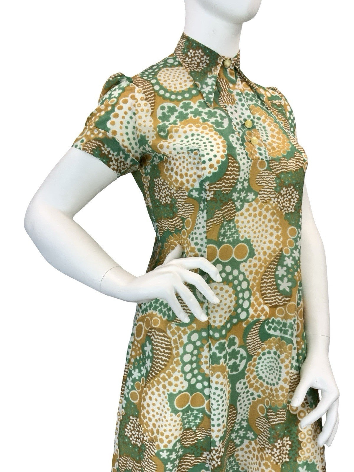 VTG 60S 70S GREEN BROWN WHITE DOTTY WAVY PSYCHEDELIC DAGGER SHIRT DRESS 16