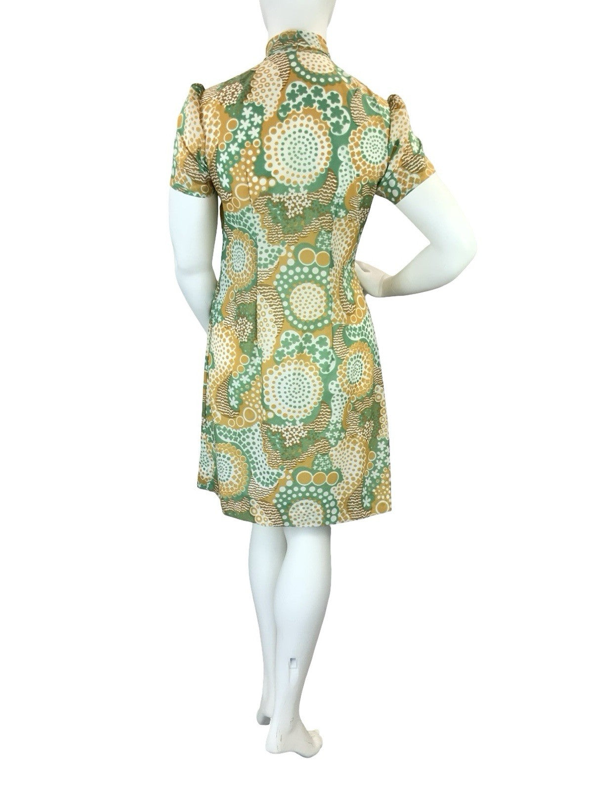 VTG 60S 70S GREEN BROWN WHITE DOTTY WAVY PSYCHEDELIC DAGGER SHIRT DRESS 16
