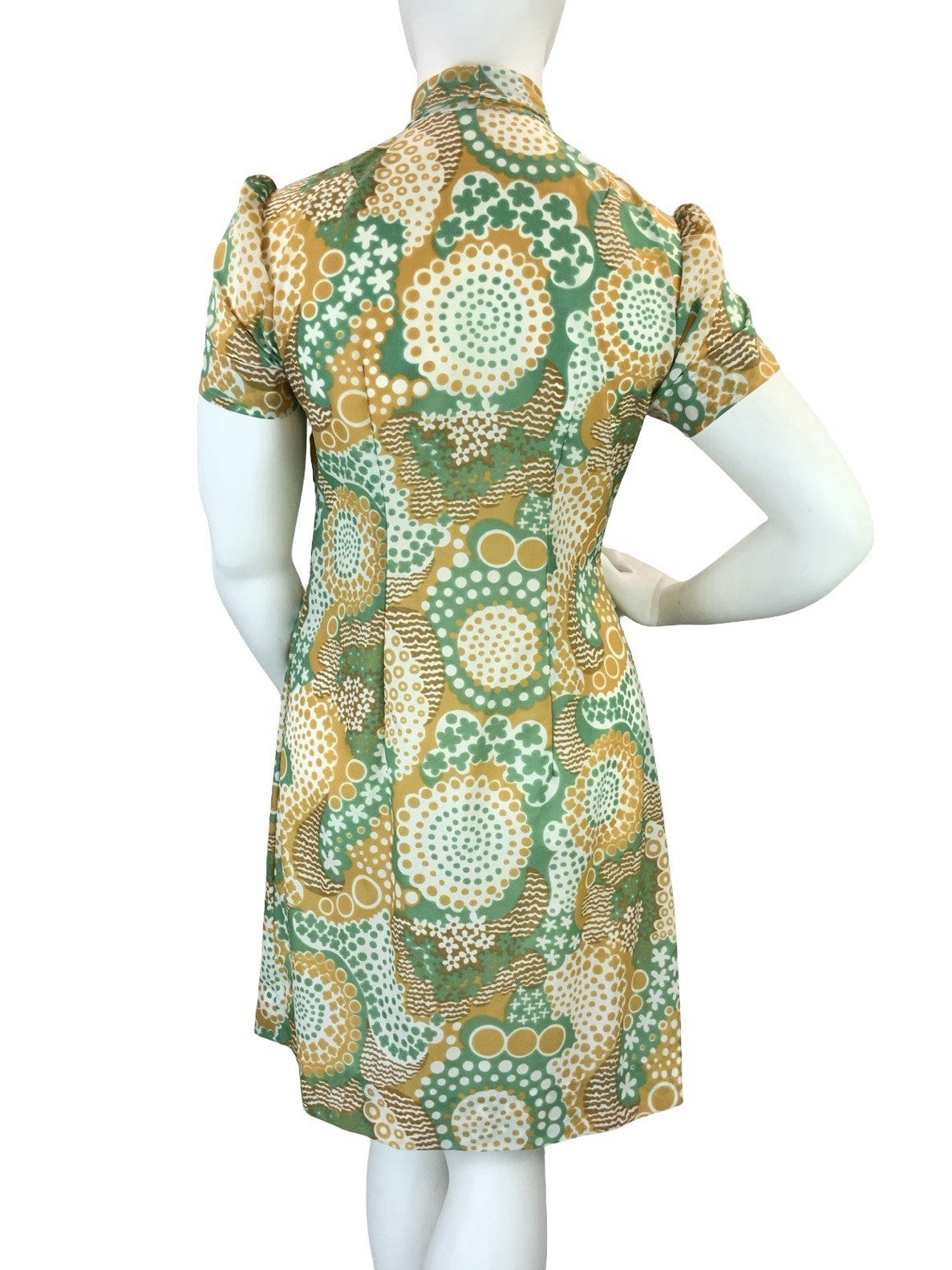 VTG 60S 70S GREEN BROWN WHITE DOTTY WAVY PSYCHEDELIC DAGGER SHIRT DRESS 16