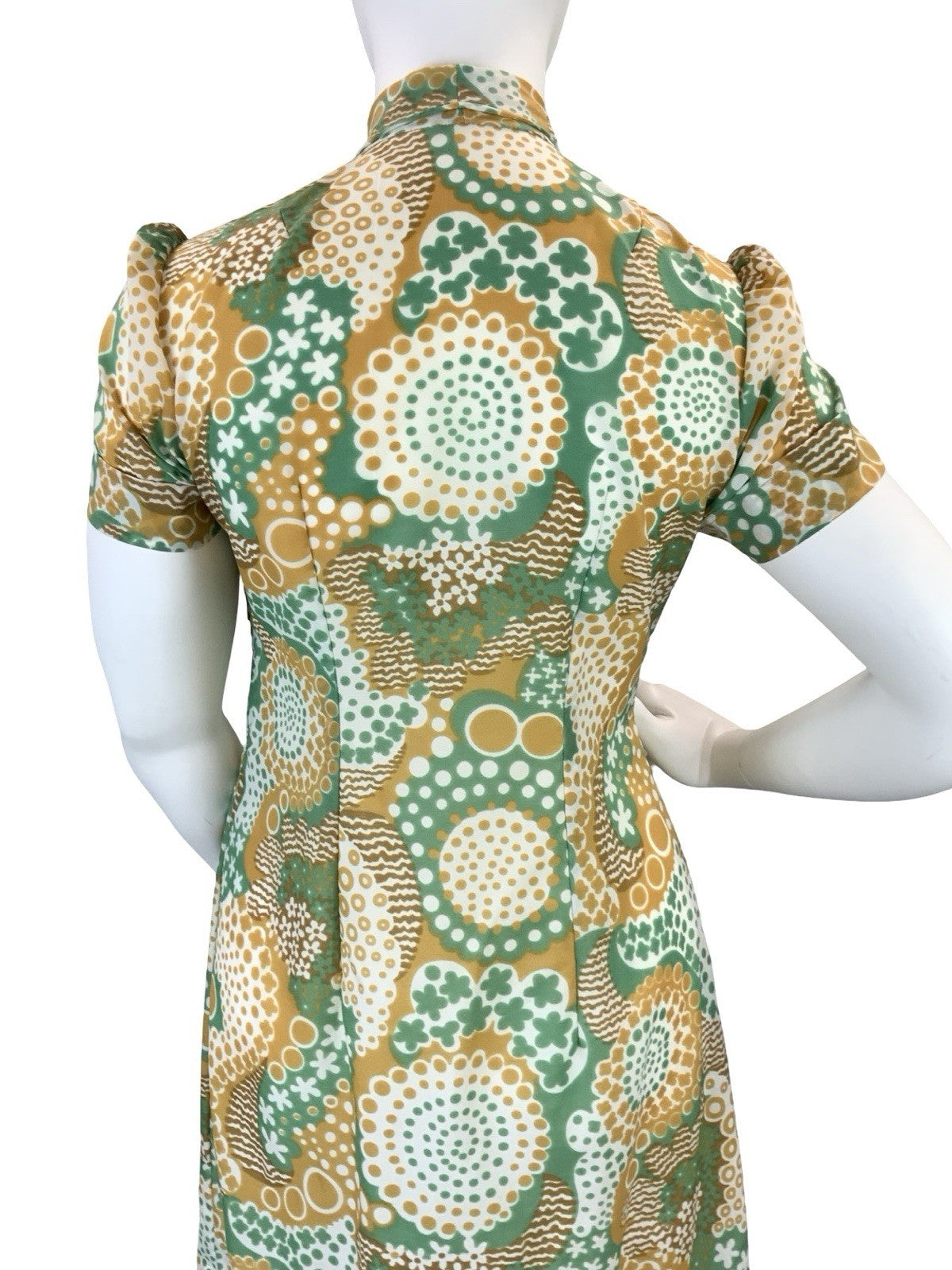 VTG 60S 70S GREEN BROWN WHITE DOTTY WAVY PSYCHEDELIC DAGGER SHIRT DRESS 16