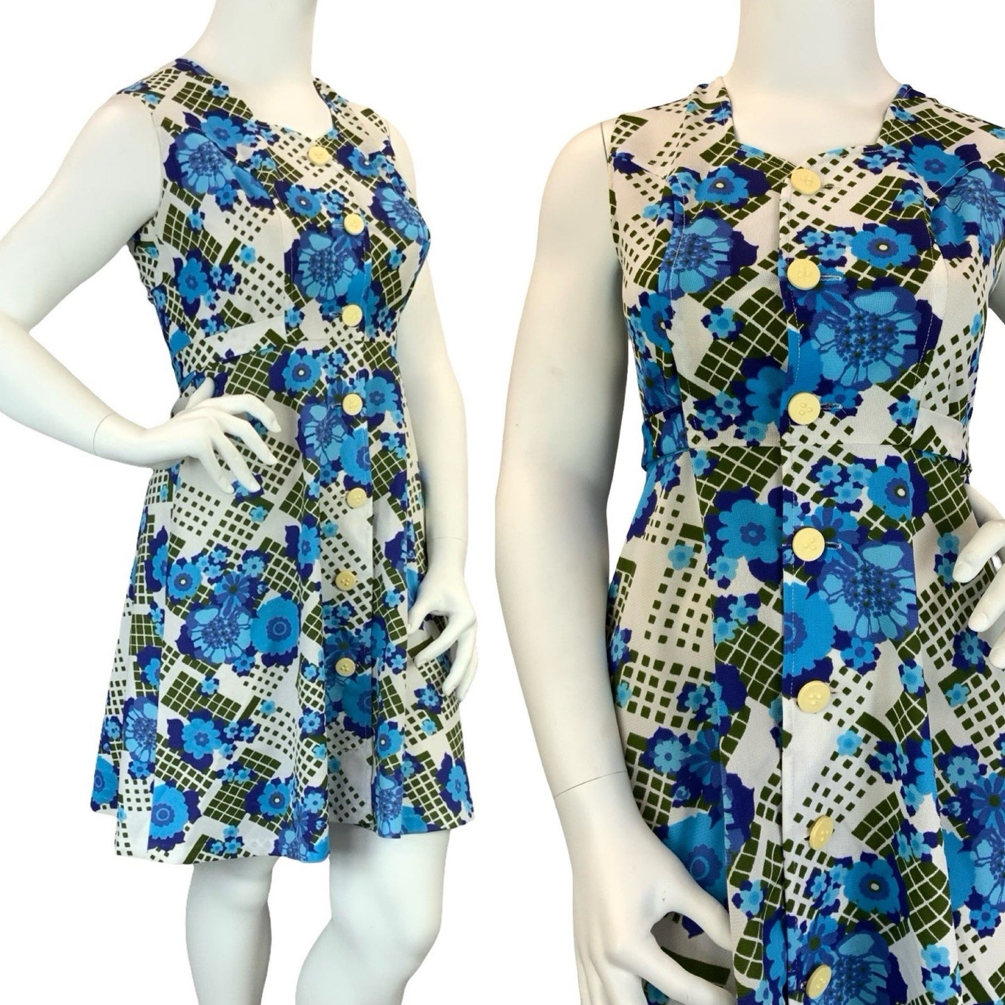 VTG 60S 70S WHITE BLUE GREEN FLORAL SWEETHEART TIE WAIST A LINE MINI DRESS 14